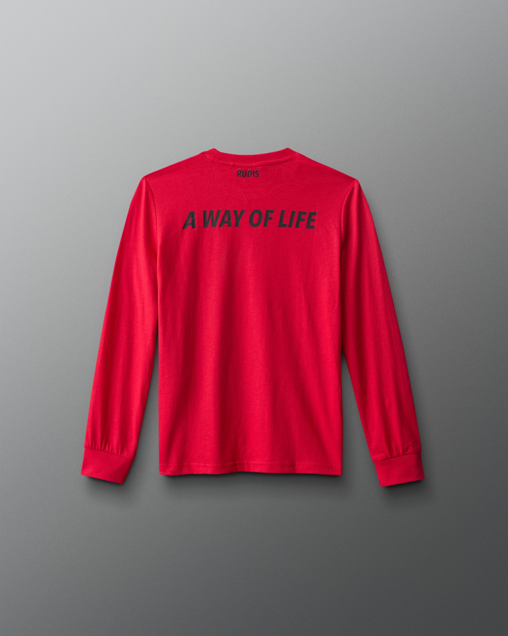 Red long-sleeve shirt with 'A Way of Life' text on a gray background