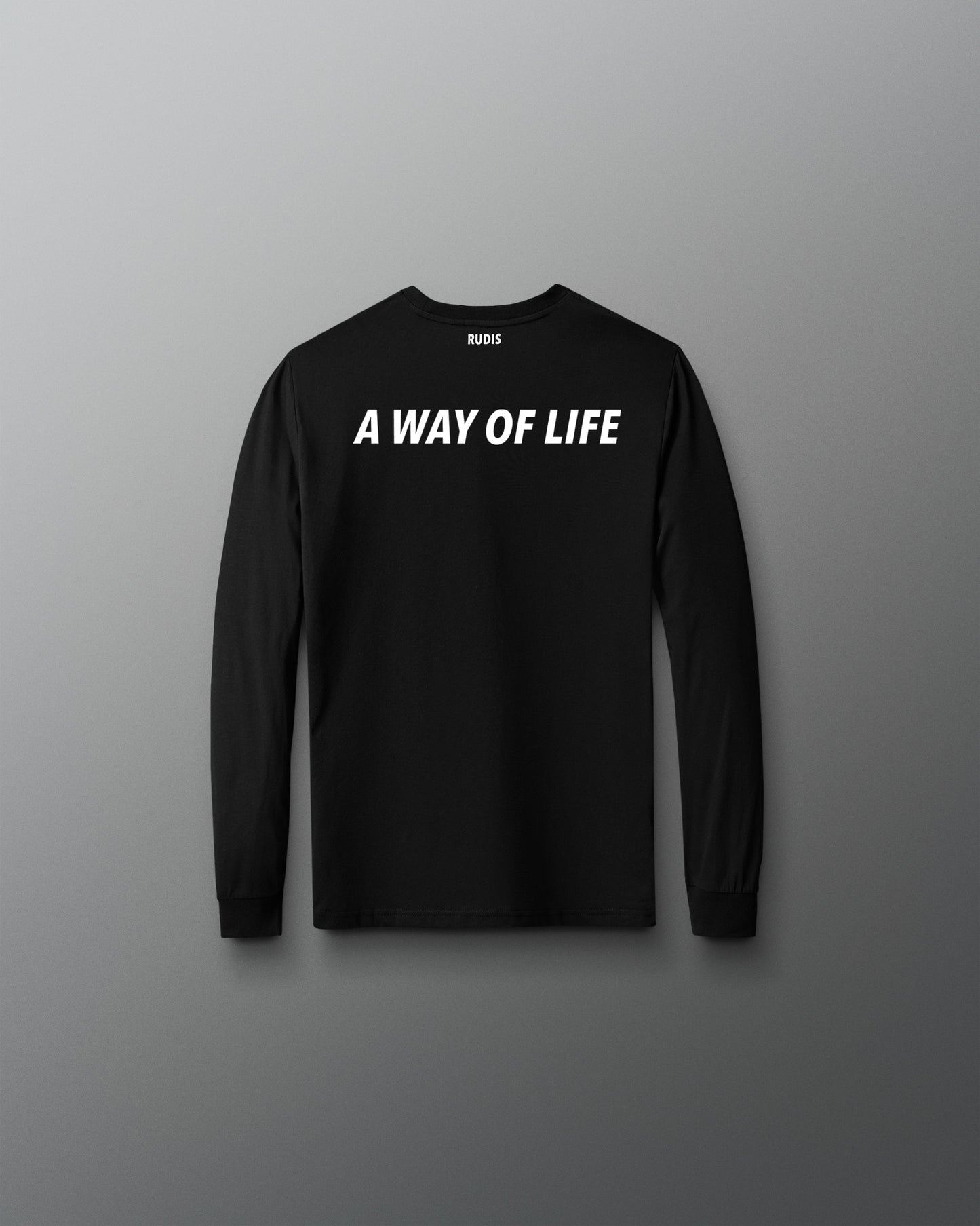 Black long-sleeve shirt with 'A Way of Life' text on a gray background
