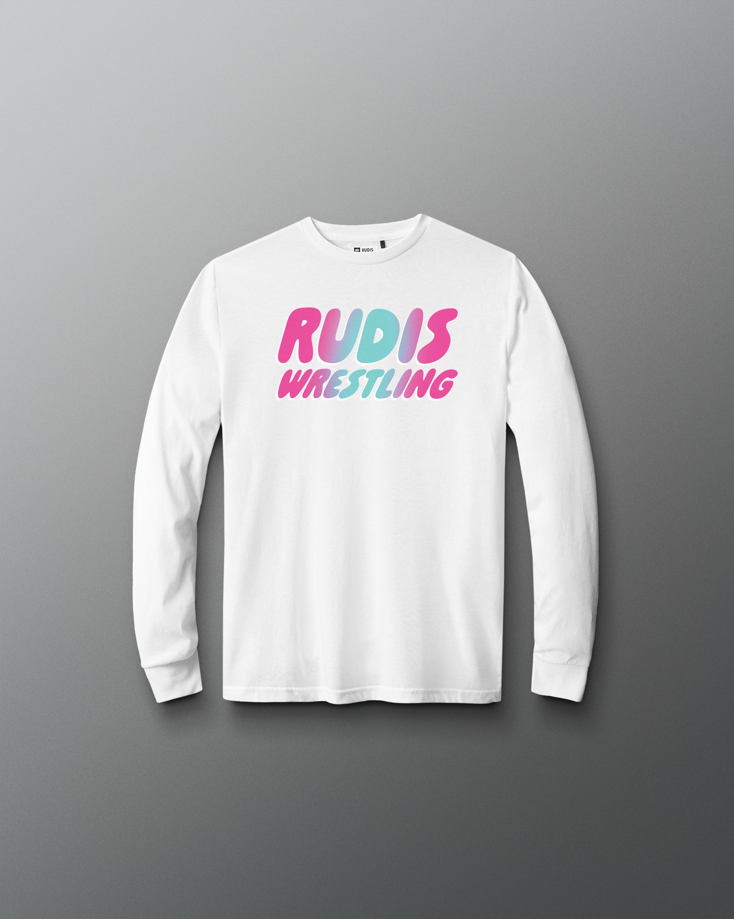 White long-sleeve shirt with 'RUDIS WRESTLING' text on a gray background
