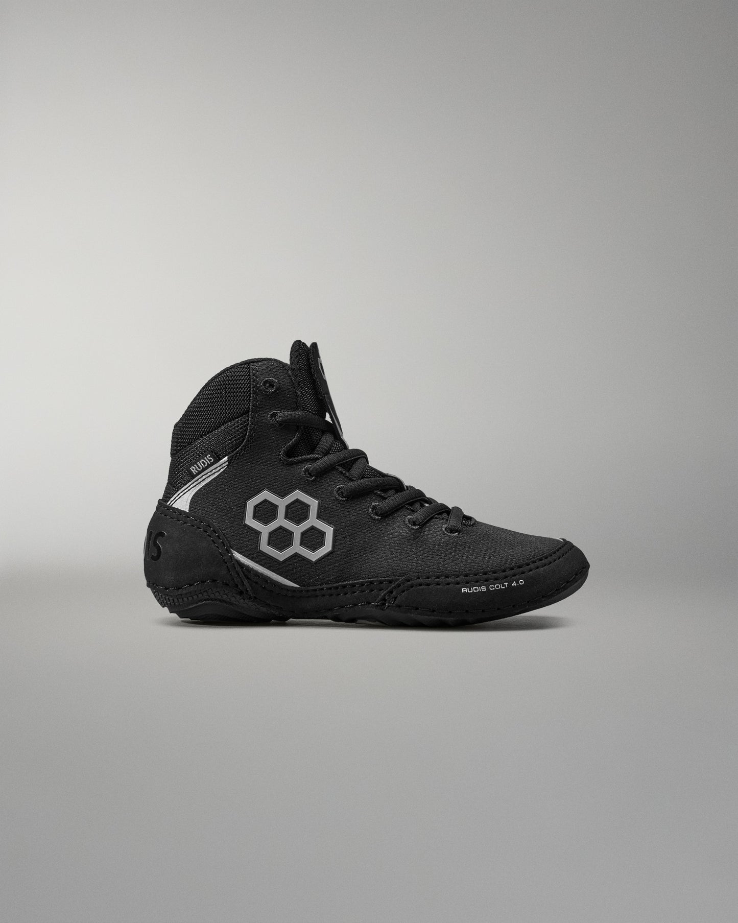 Black Wrestling Shoes with a white logo on a gray background