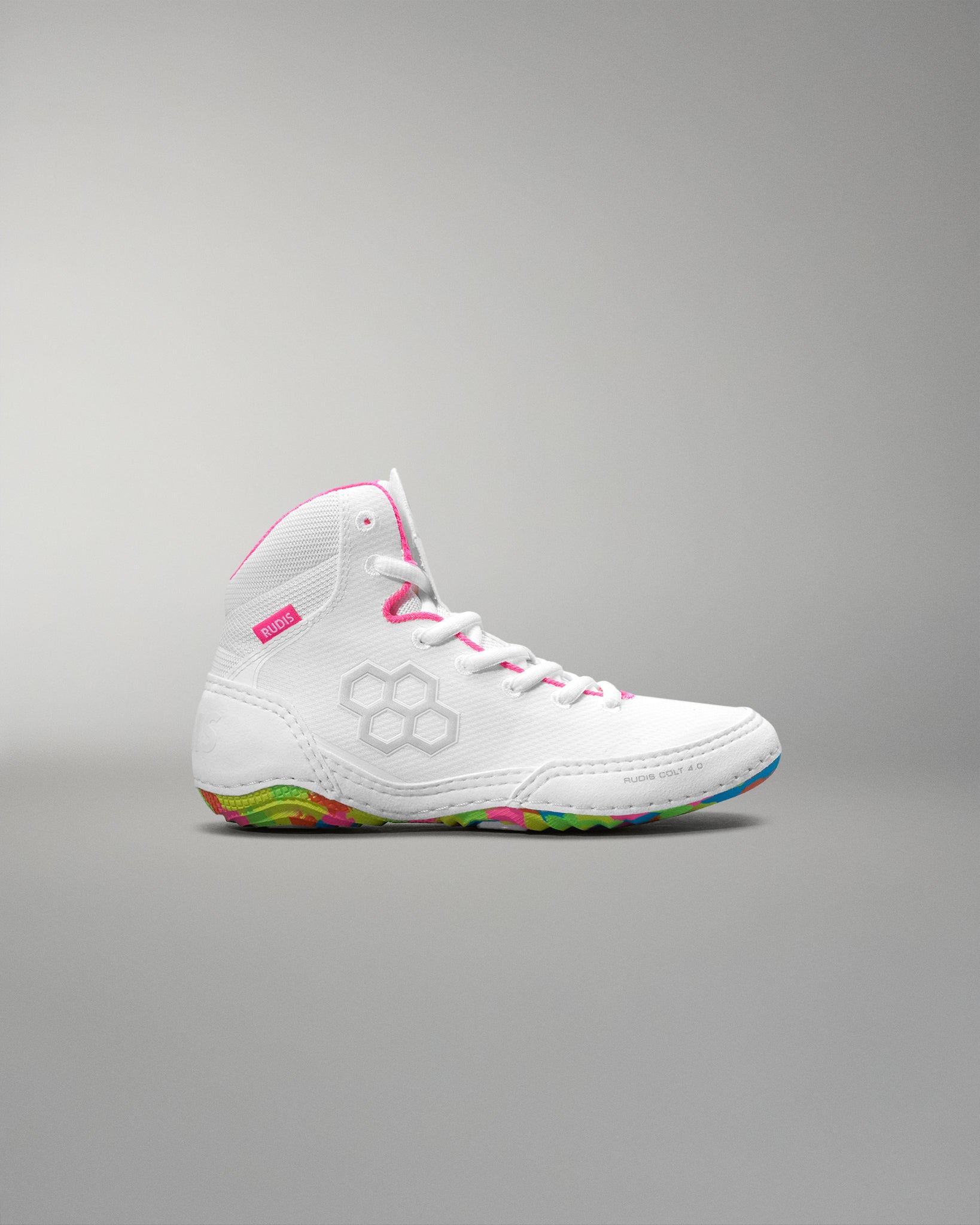 White wrestling shoe with colorful sole on a gray background