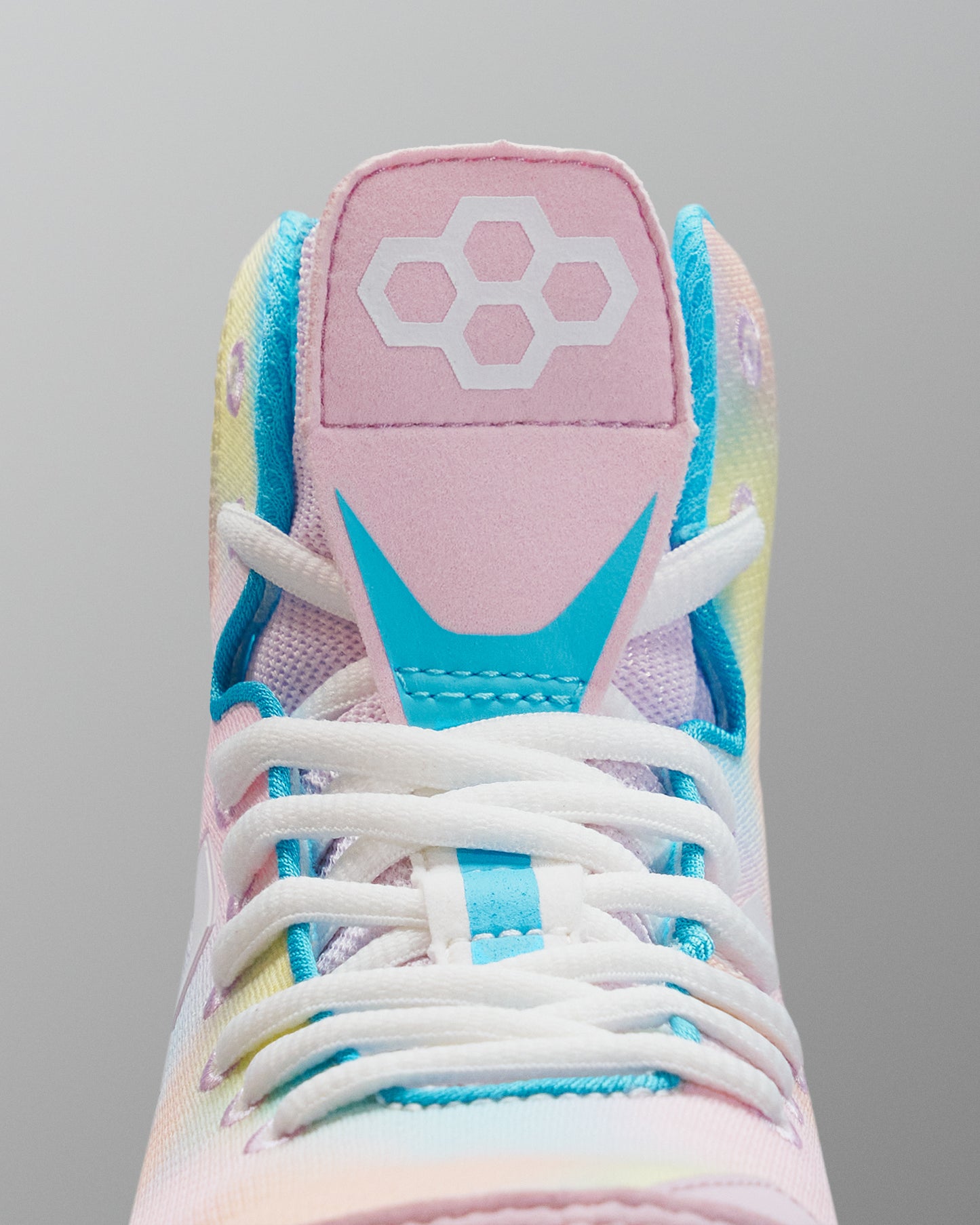 Colorful Wrestling shoe with a brand logo on a gray background