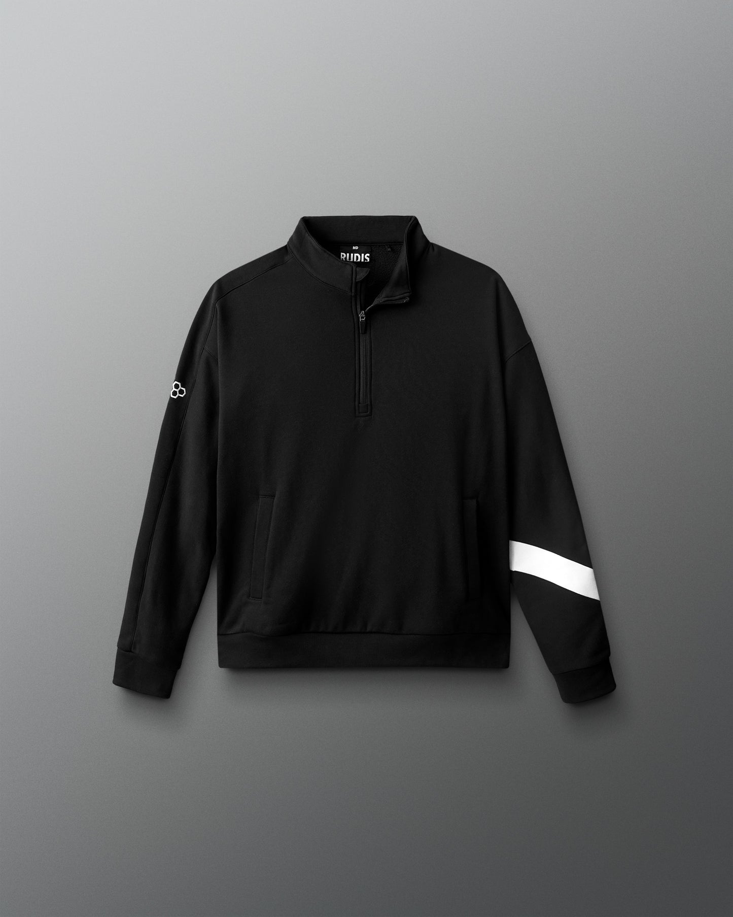 Black pullover with a white stripe on a gray background