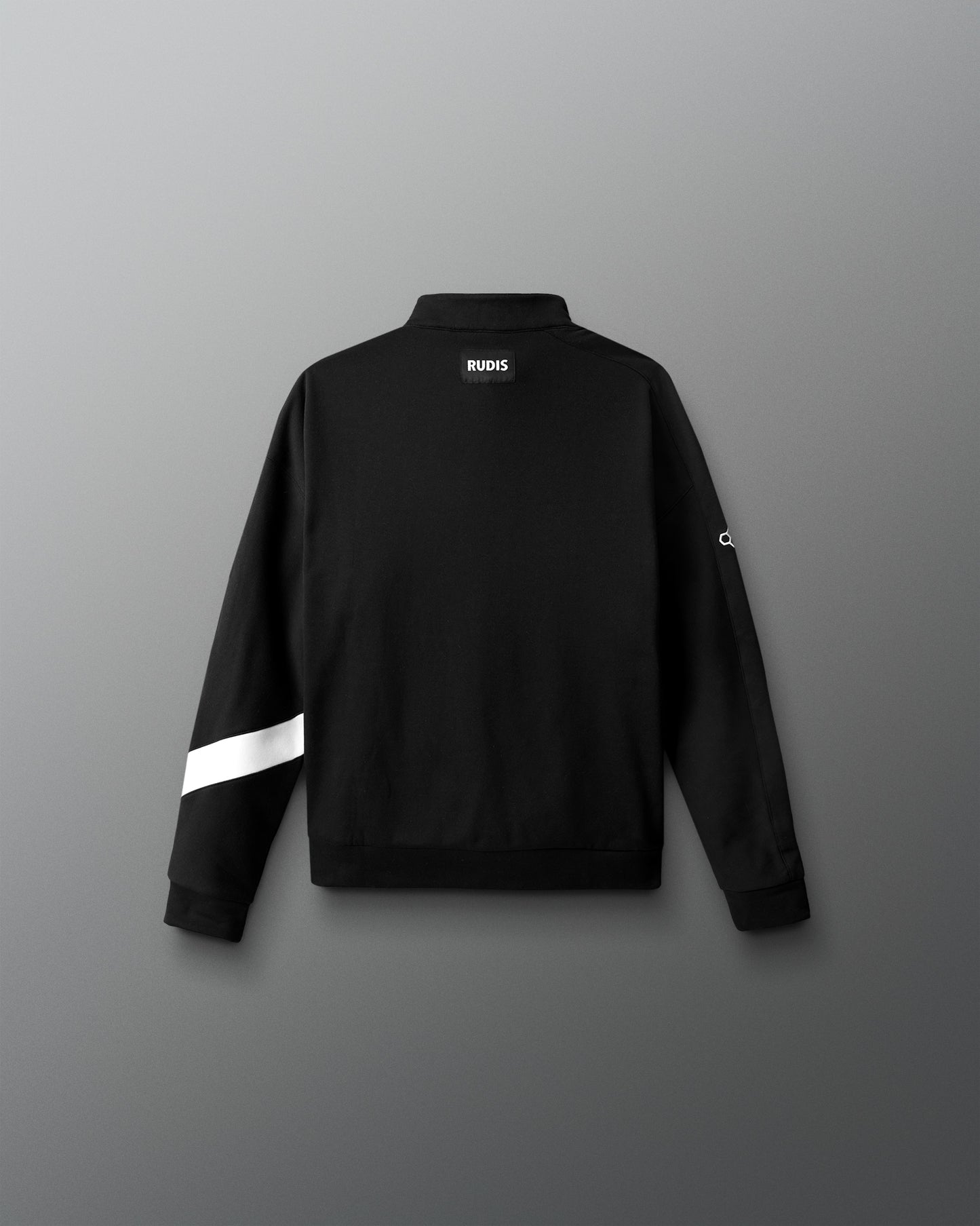 Black sweatshirt with a white stripe on a gray background