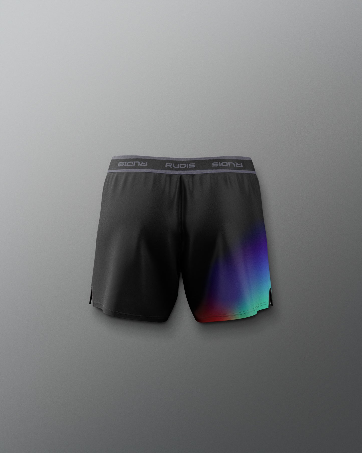 Black athletic shorts with a colorful design on a gray background