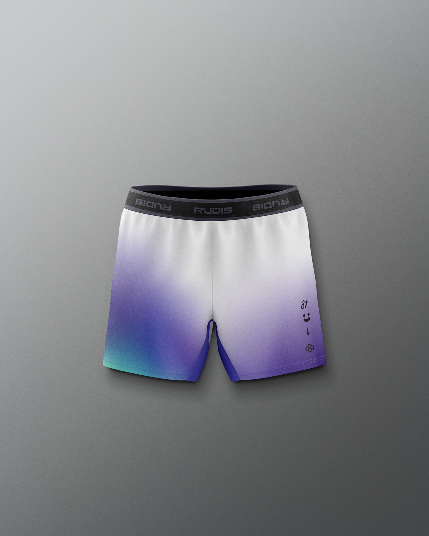 Gradient shorts with colorful design on a gray background