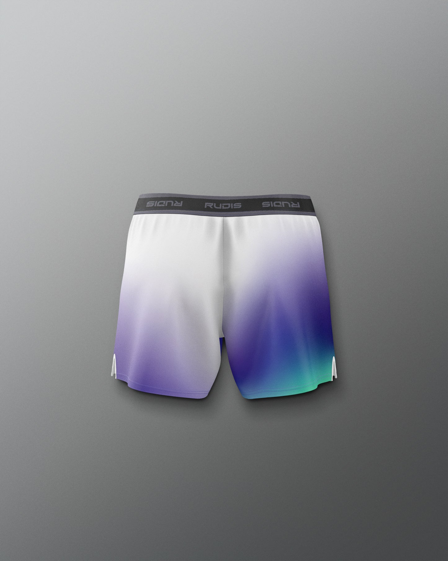 Gradient shorts with a purple to blue gradient on a gray background