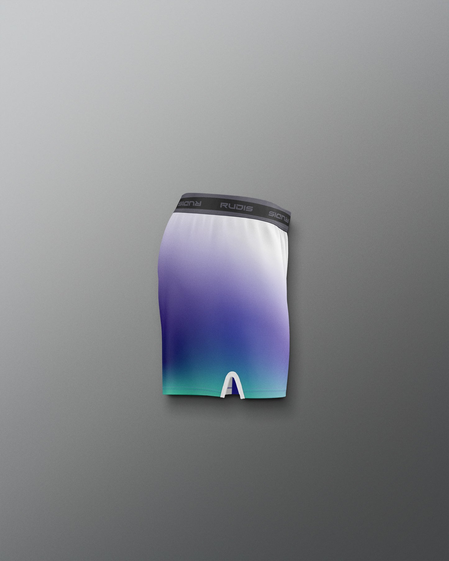 Blue and green gradient athletic shorts with a logo on a gray background