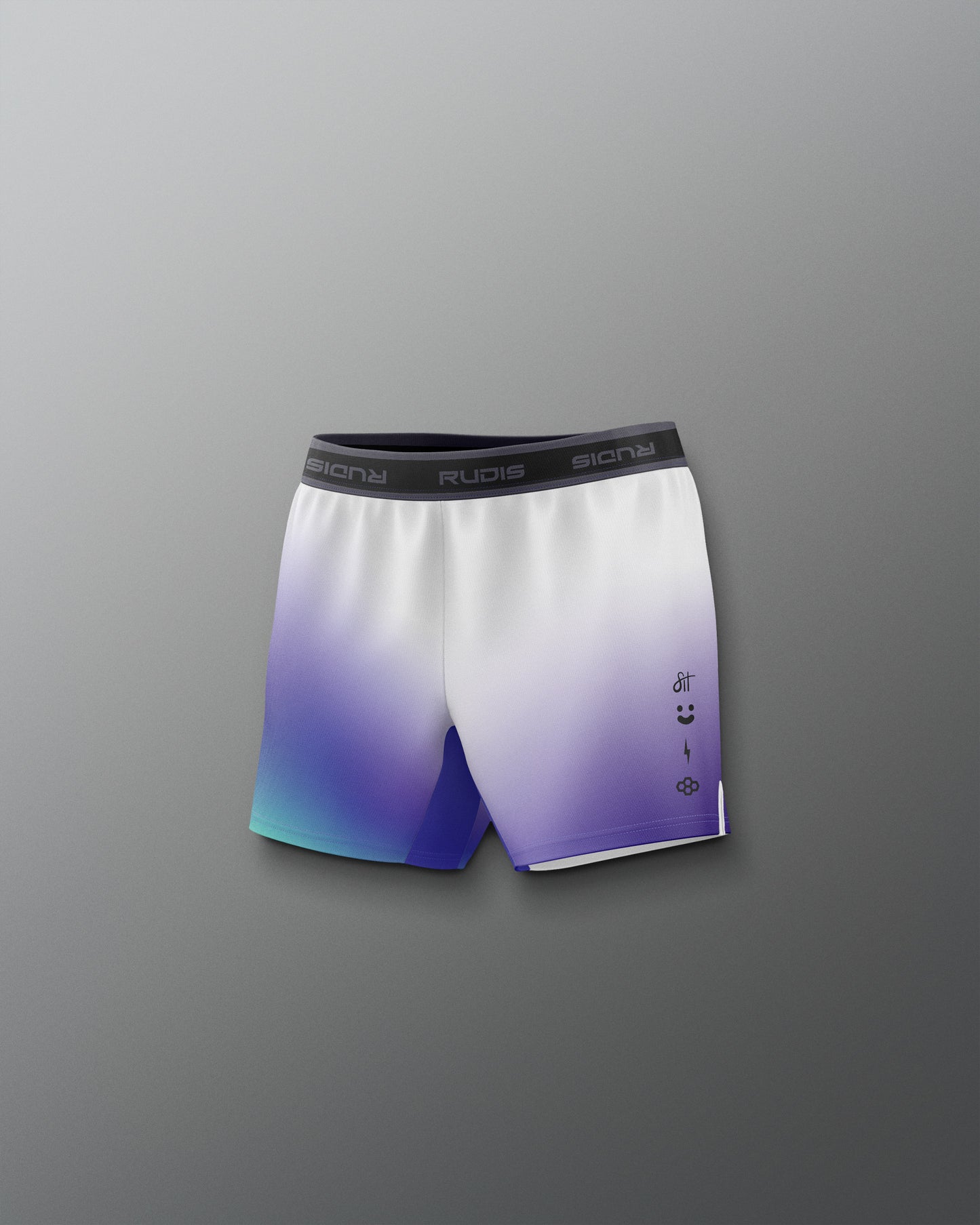 Gradient shorts with a logo on a gray background
