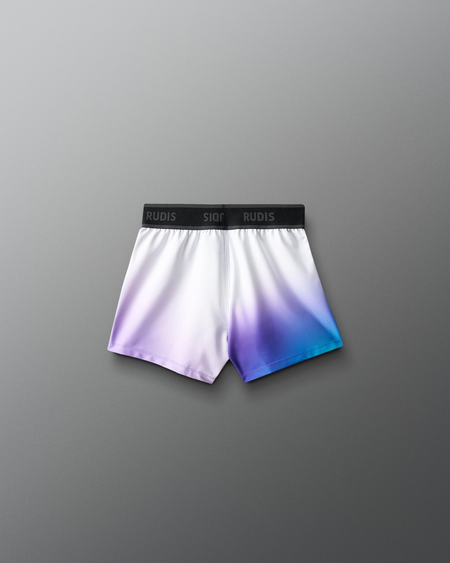 Gradient shorts with a purple to blue gradient on a gray background