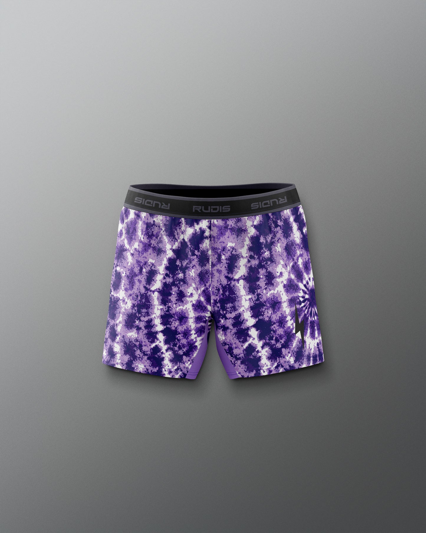 Purple tie-dye shorts with a brand logo on a gray background