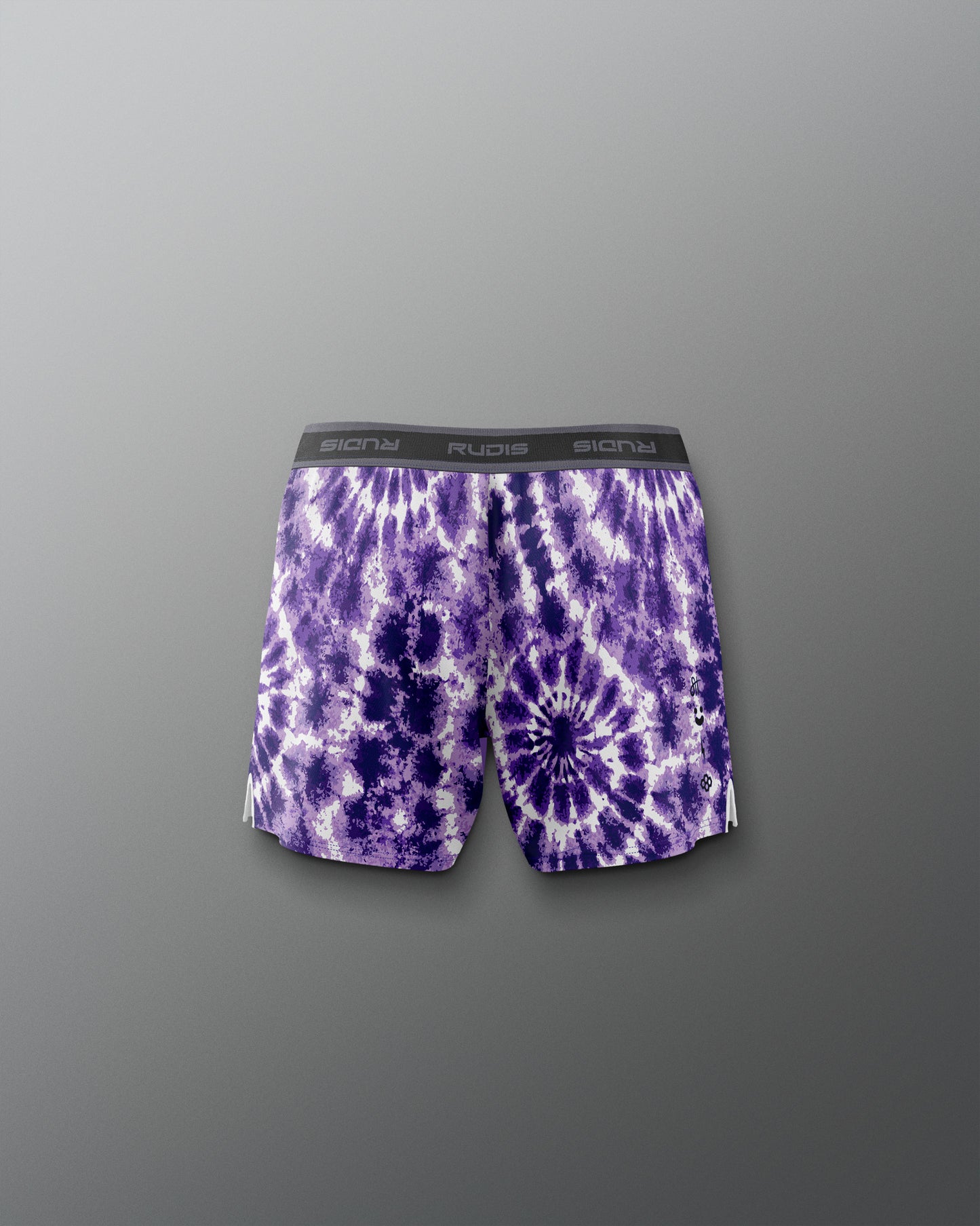 Purple tie-dye shorts with a brand logo on a gray background