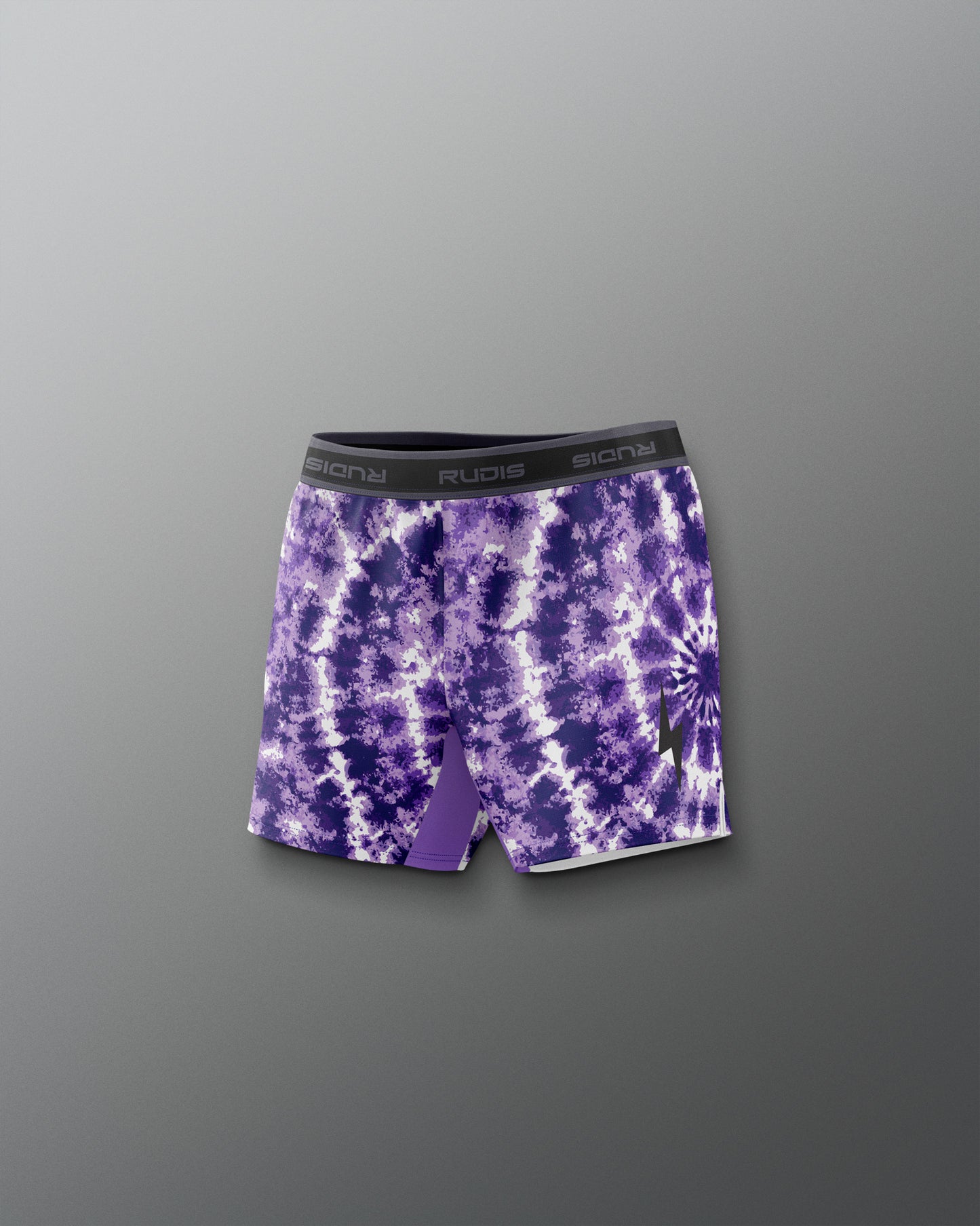 Purple tie-dye shorts with a brand logo on a gray background