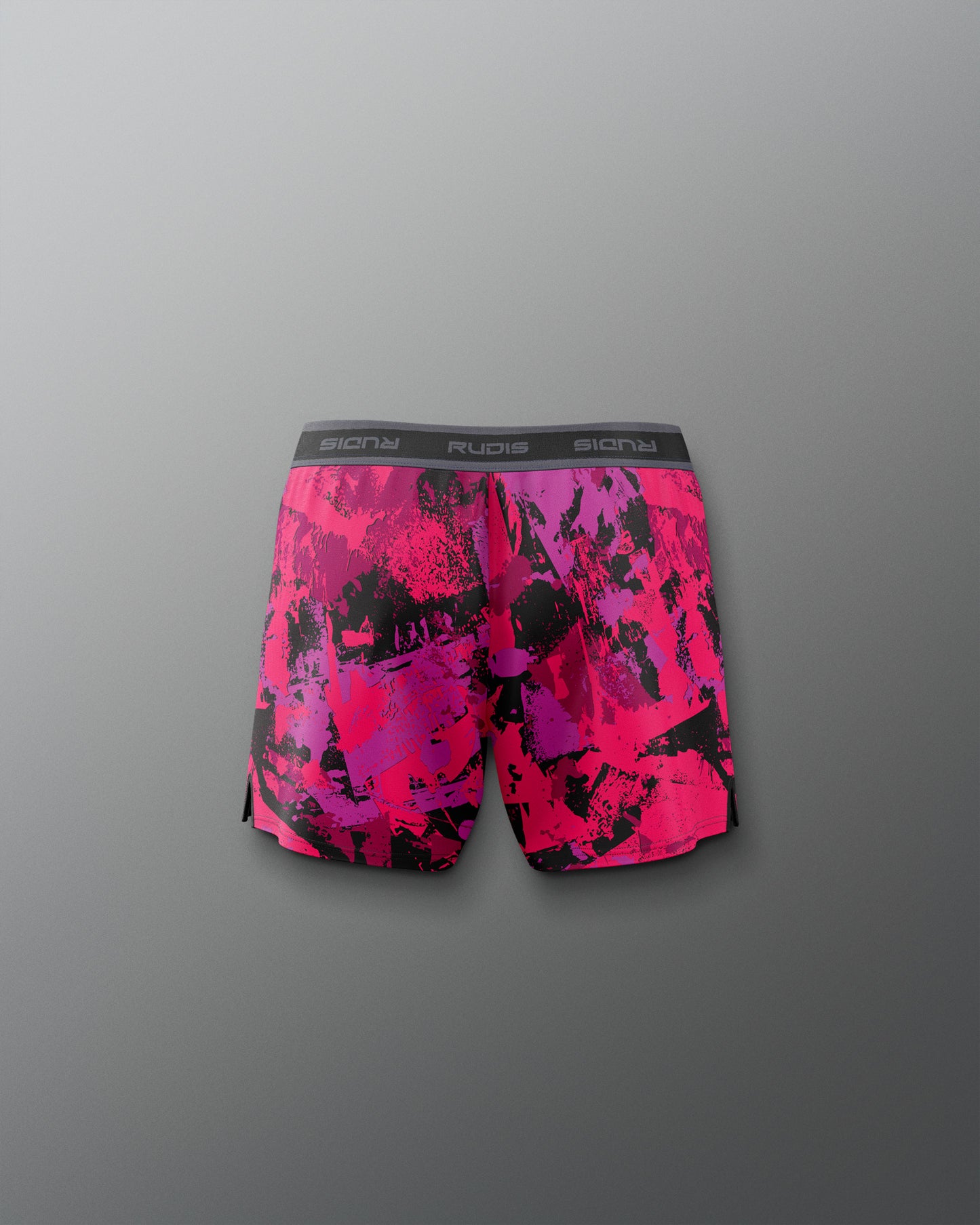 Pink and black patterned boxer briefs on a gray background
