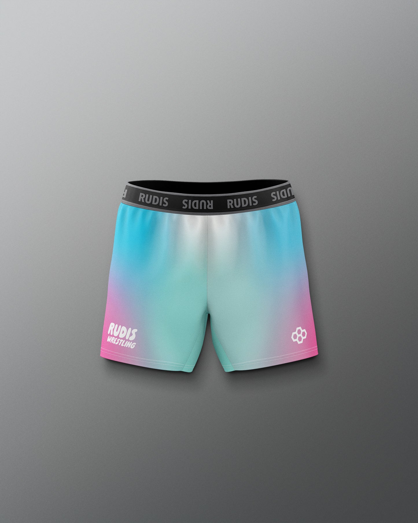 Gradient shorts with 'RUDIS' branding on a gray background