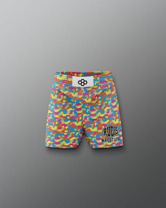 Colorful wrestling shorts with a logo on a gray background