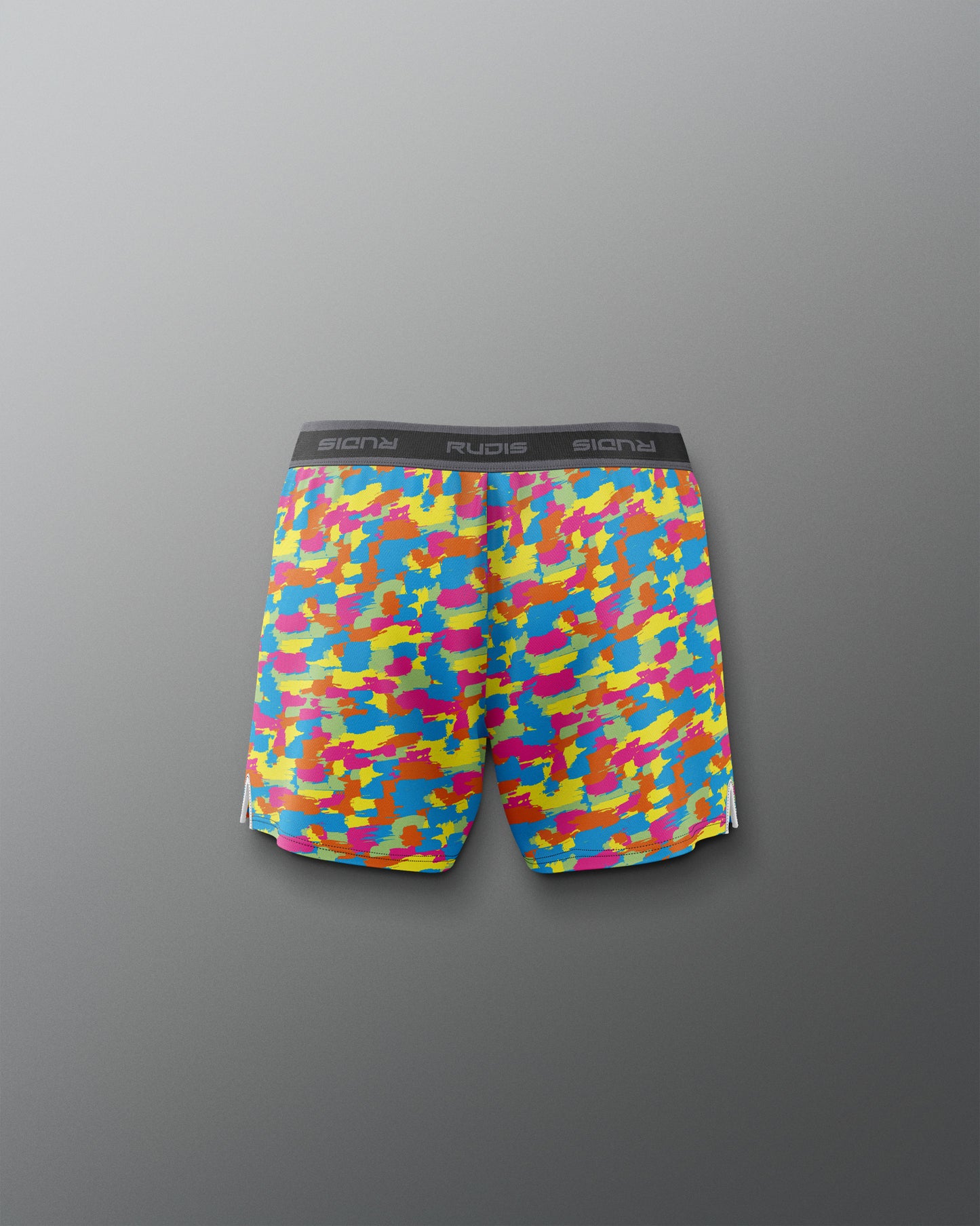Colorful patterned shorts on a gray background