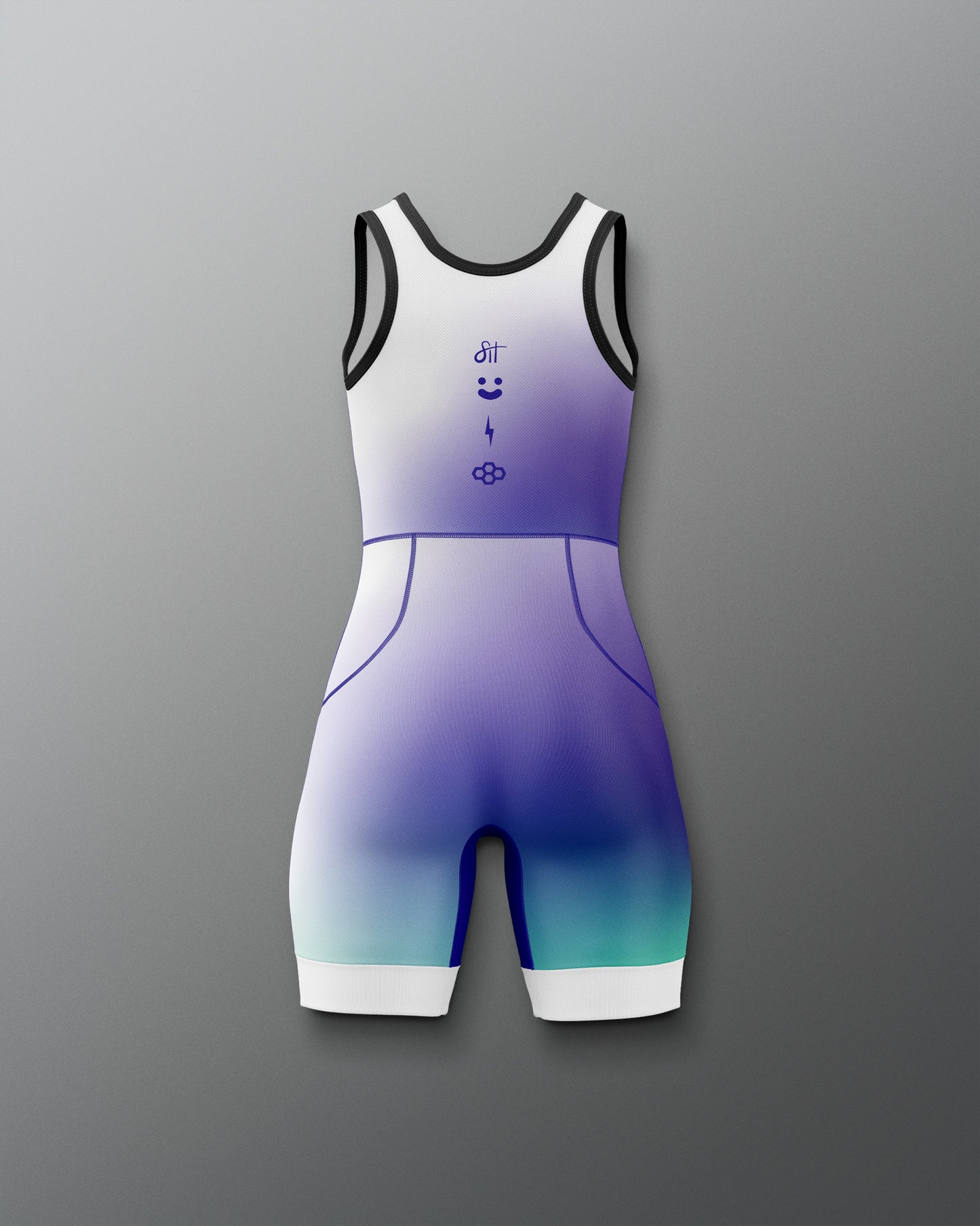 Gradient purple to blue athletic suit on a gray background