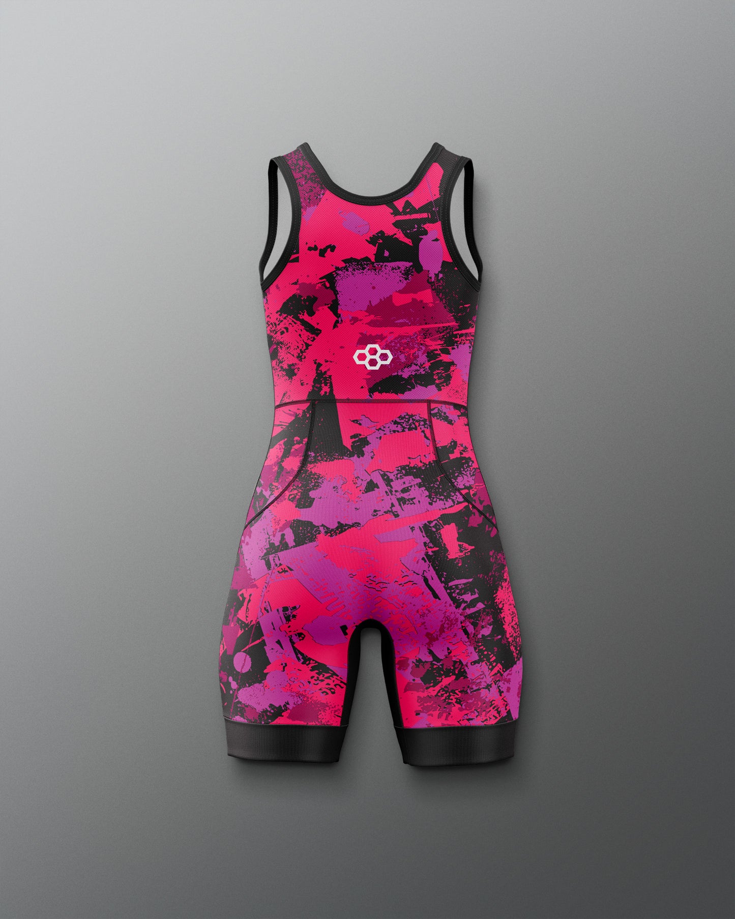 Pink and black athletic suit with a logo on a gray background