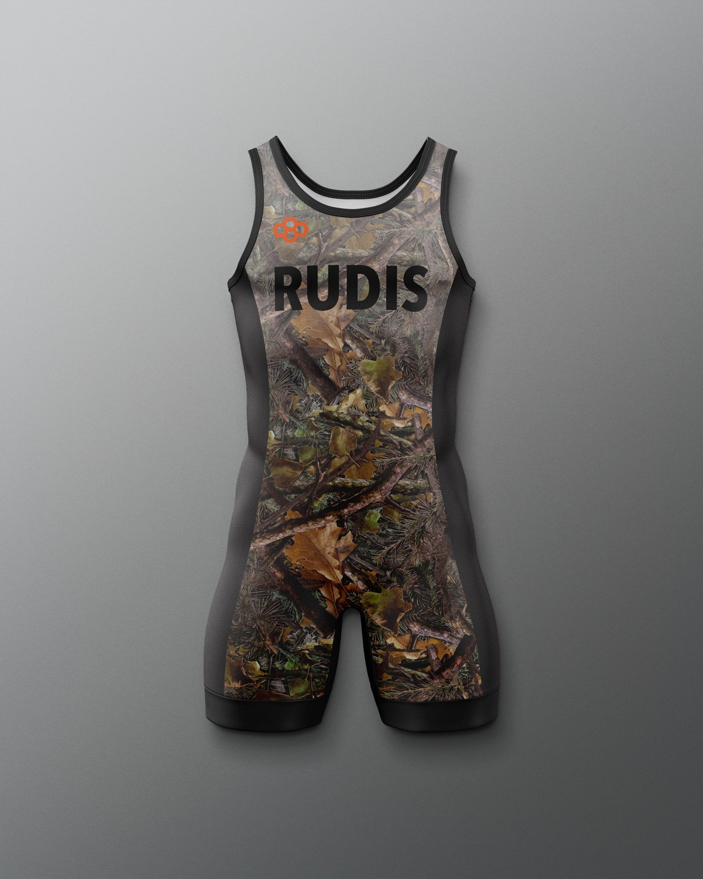 Camouflage wrestling singlet with 'RUDIS' branding on a gray background