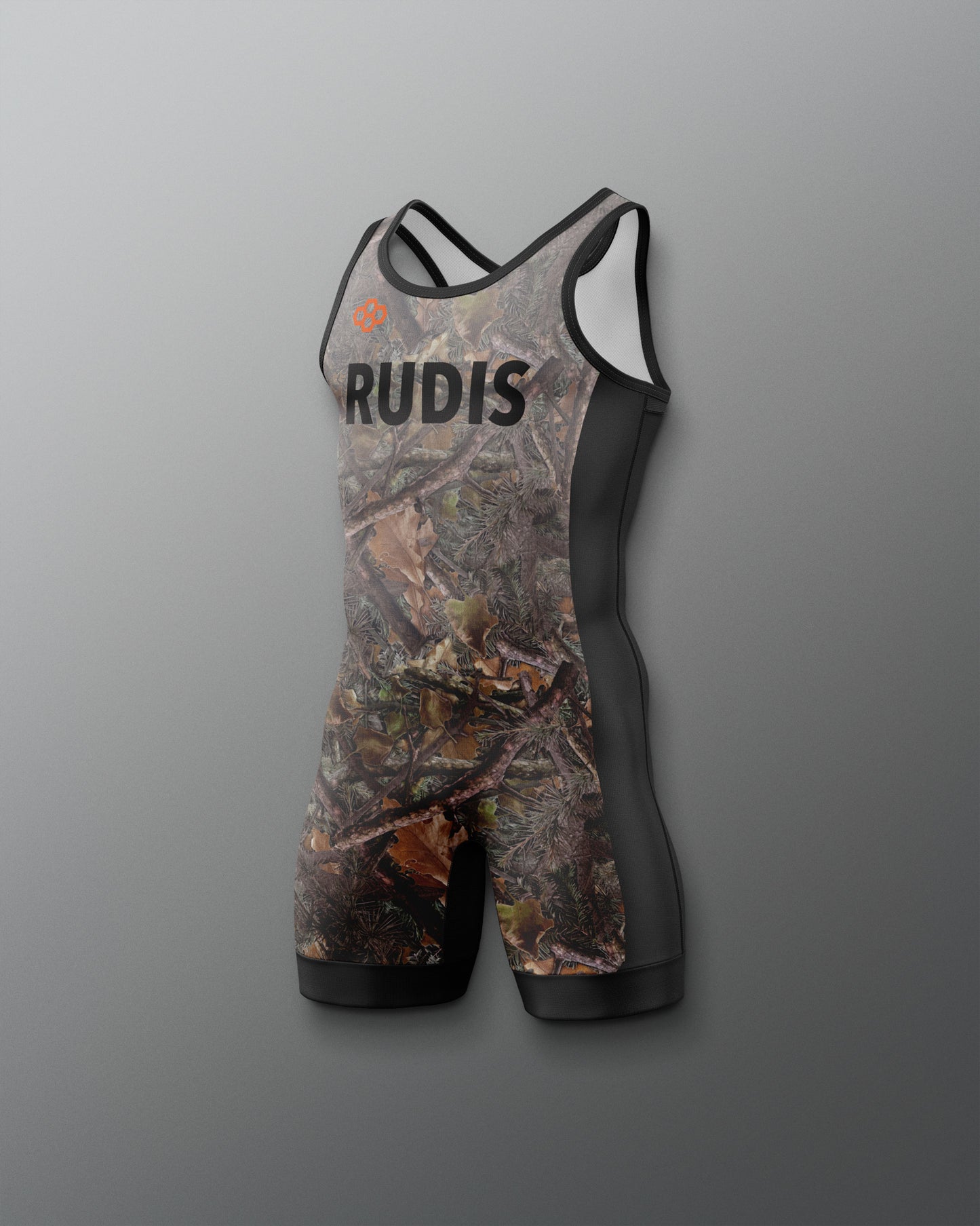 Camouflage wrestling singlet with 'RUDIS' branding on a gray background