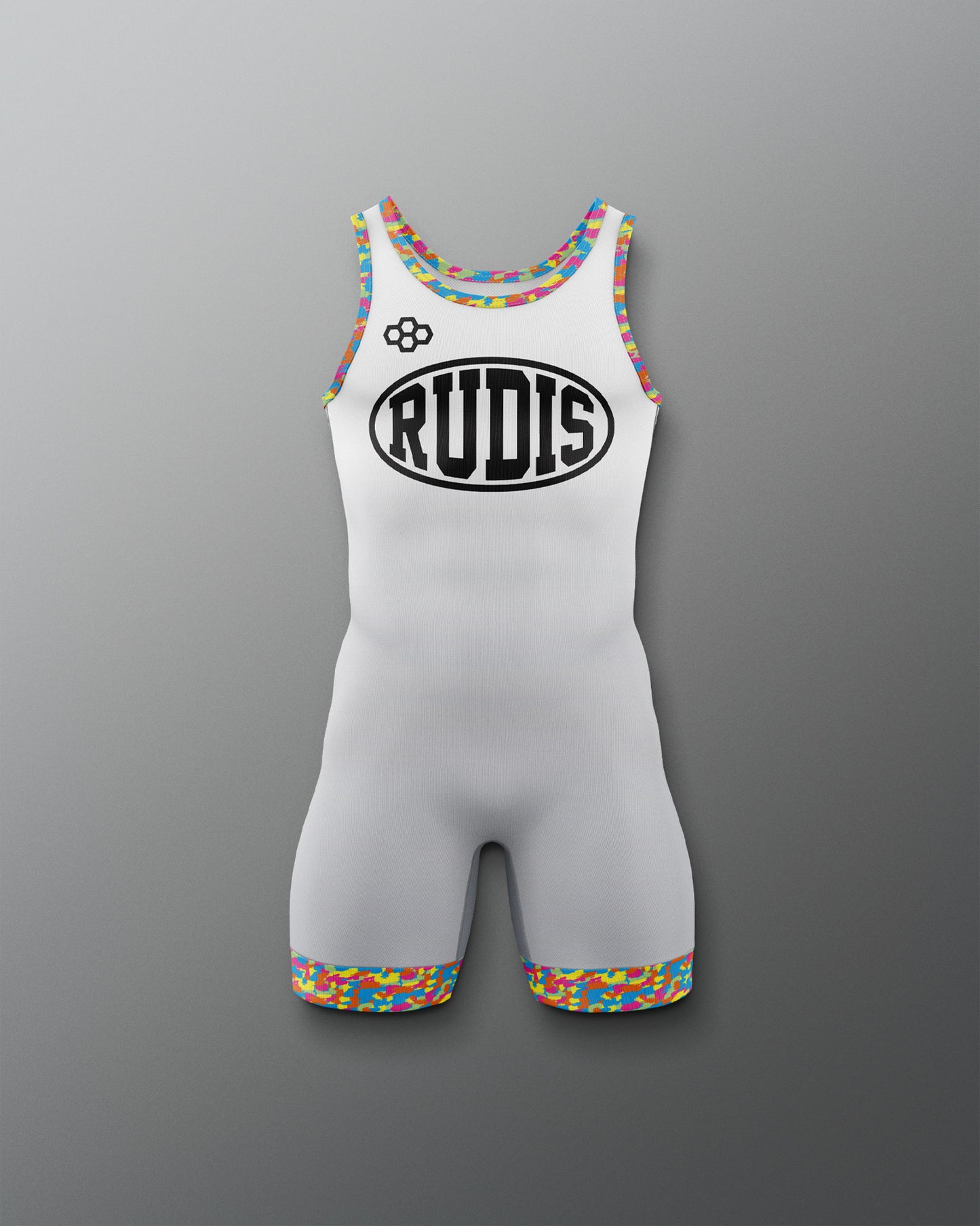 White wrestling singlet with colorful accents and 'RUDIS' branding on a gray background