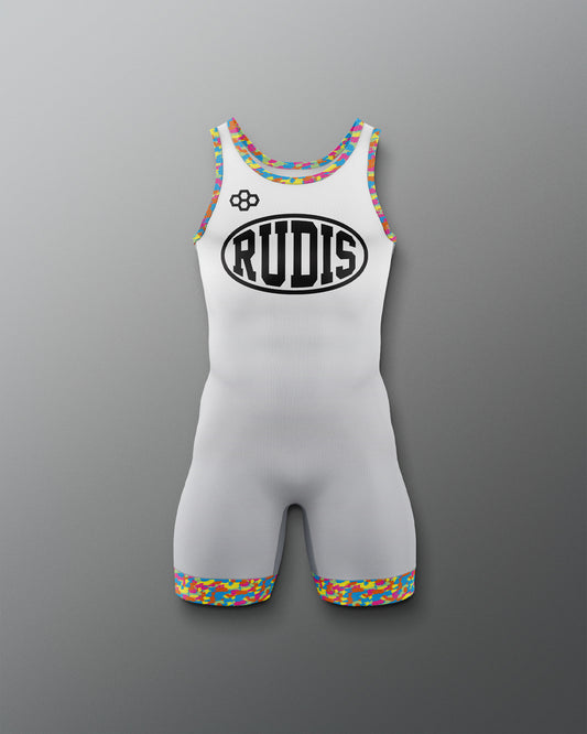 White wrestling singlet with colorful accents and 'RUDIS' branding on a gray background