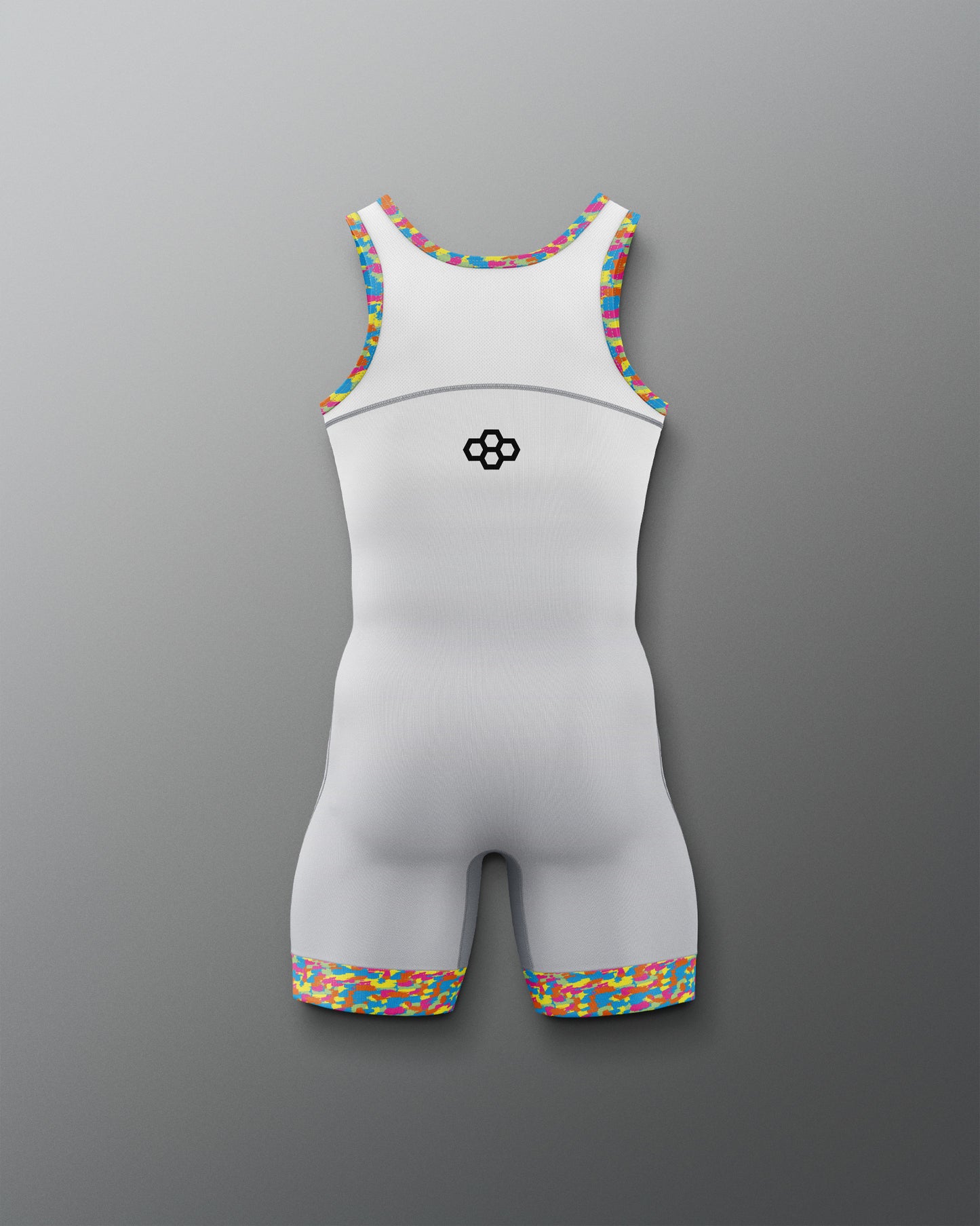 Gray wrestling singlet with colorful trim on a gray background