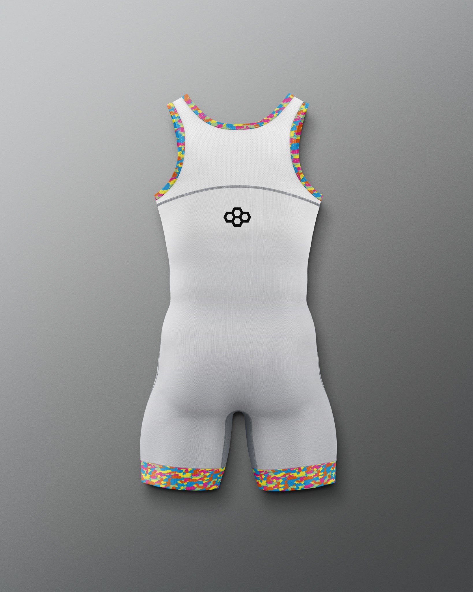 Gray wrestling singlet with colorful trim on a gray background