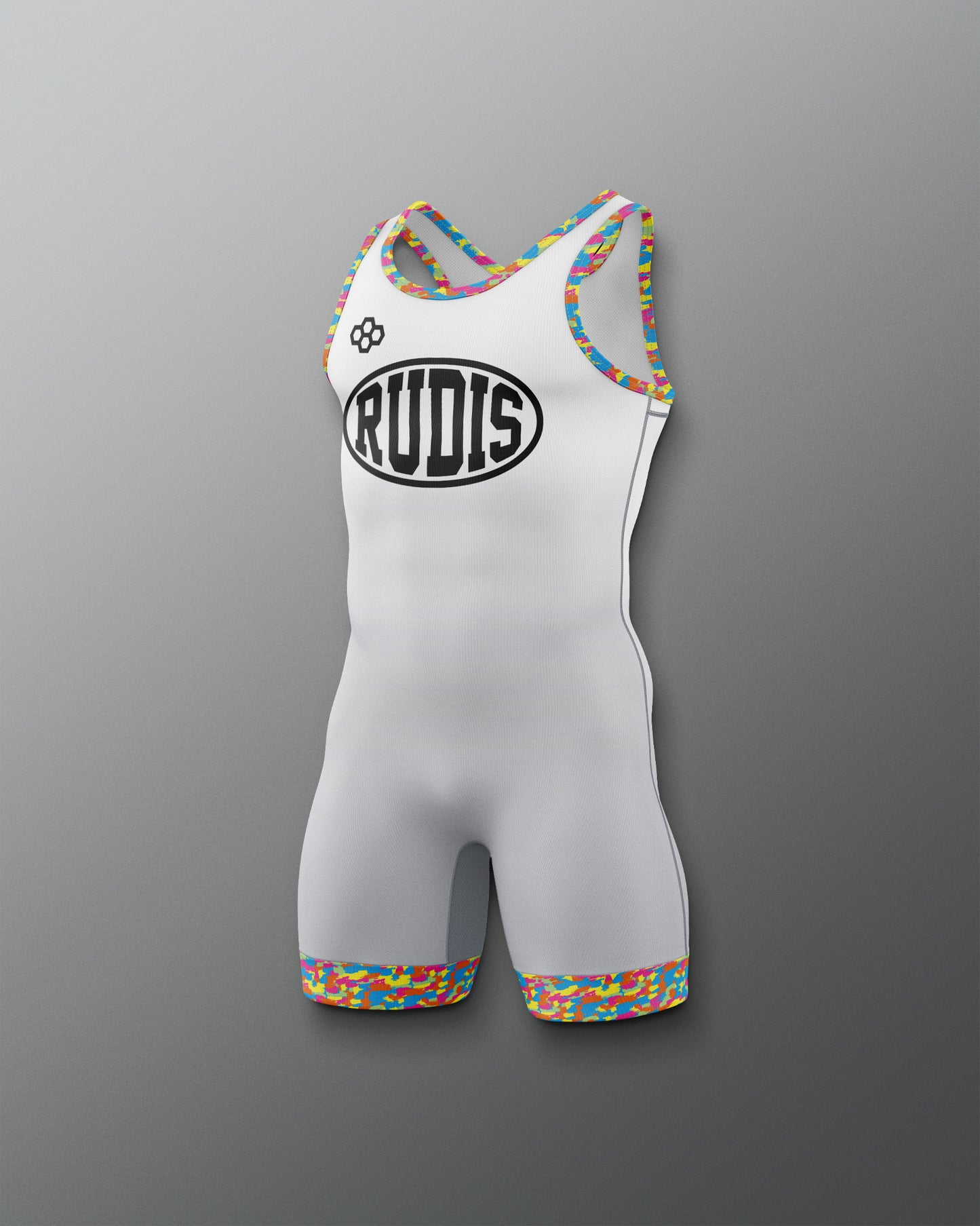 White athletic suit with colorful accents and 'RUDIS' branding on a gray background