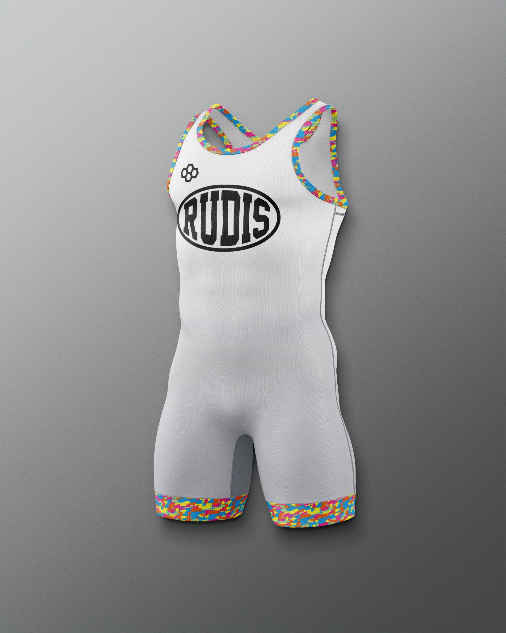 White athletic suit with colorful accents and 'RUDIS' branding on a gray background