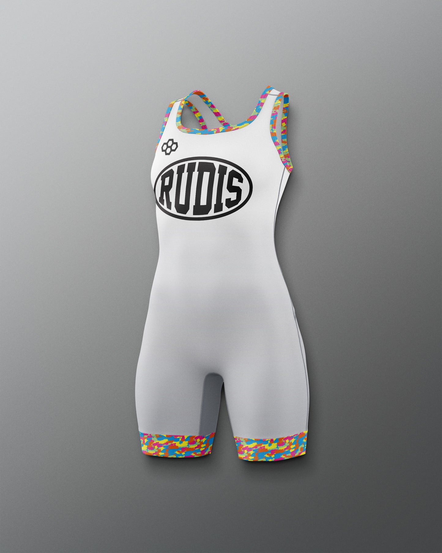 White wrestling singlet with colorful accents and 'RUDIS' branding on a gray background