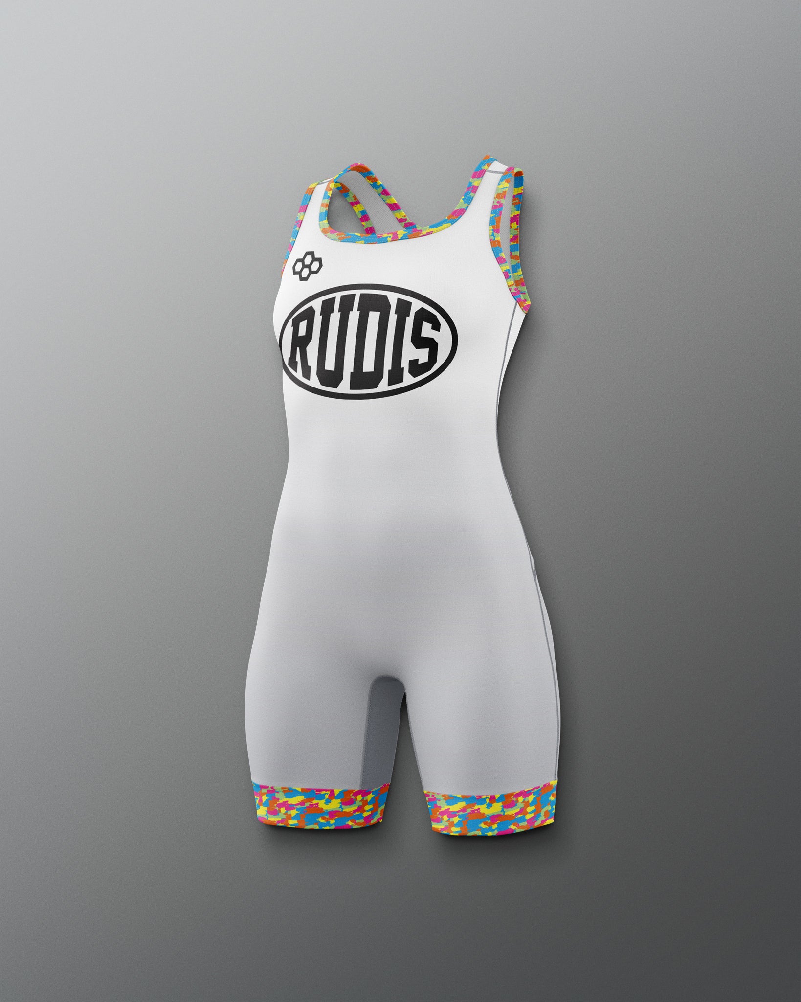 White wrestling singlet with colorful accents and 'RUDIS' branding on a gray background