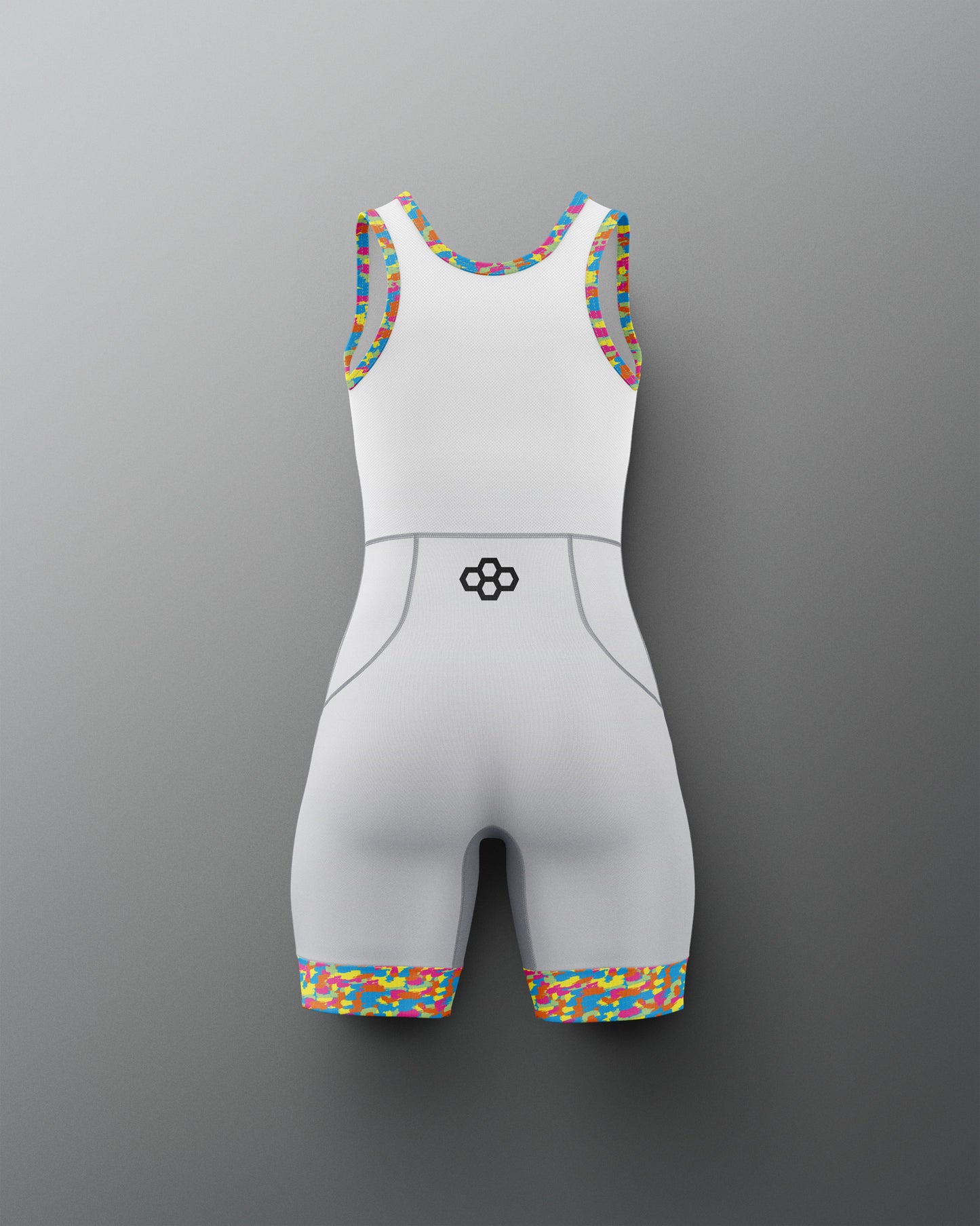 White athletic outfit with colorful accents on a gray background