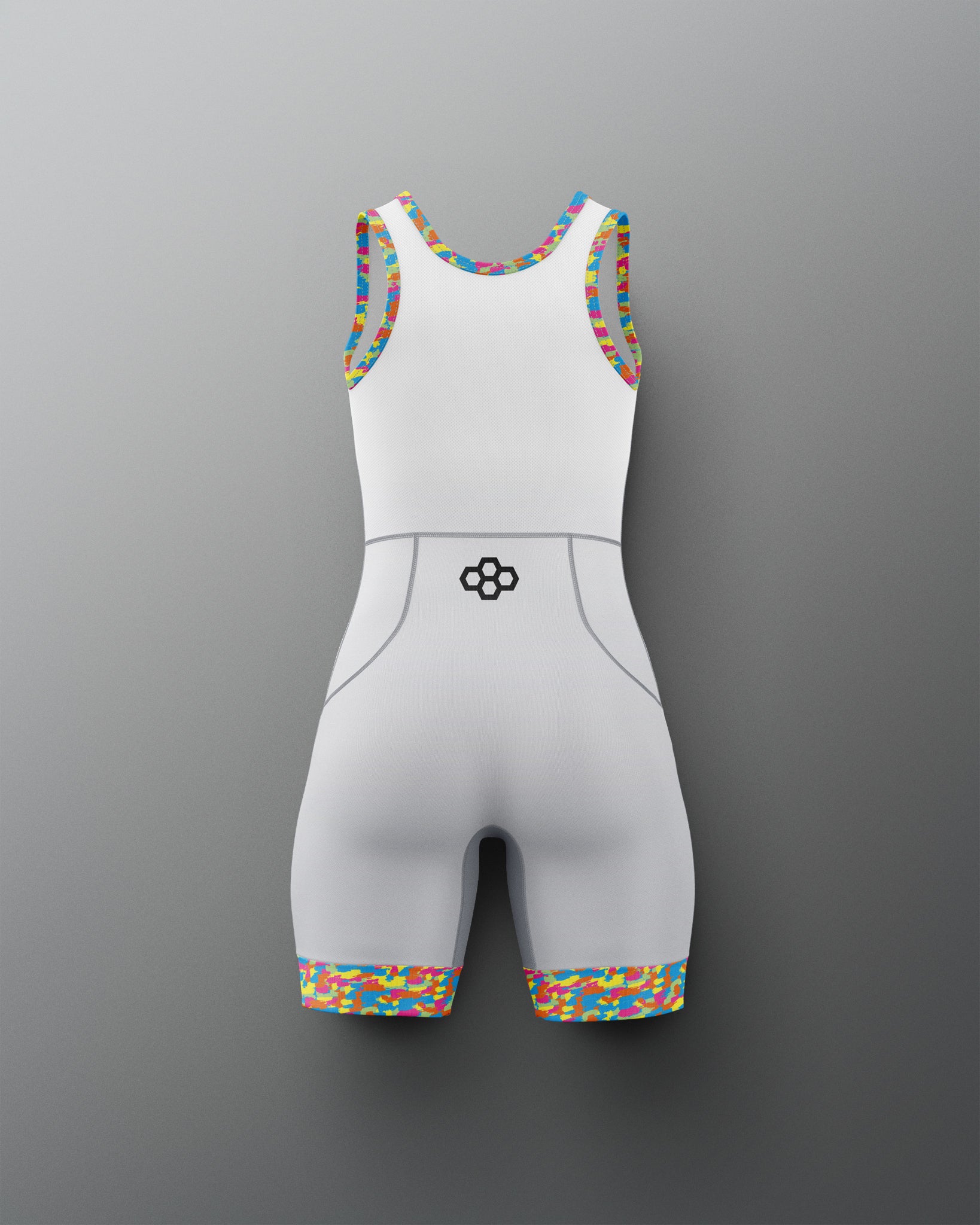 White athletic outfit with colorful accents on a gray background