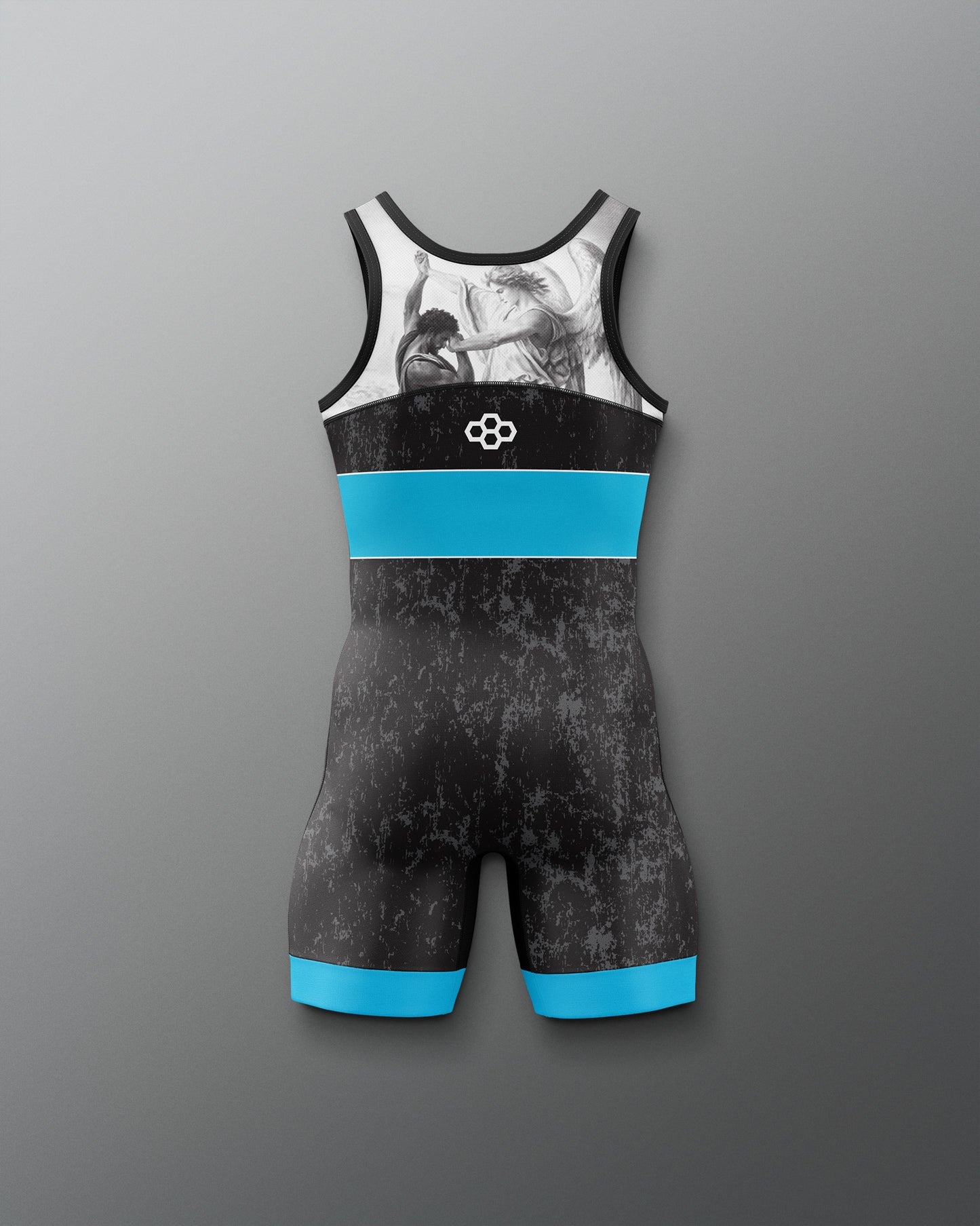 Black and blue wrestling singlet with a logo on a gray background