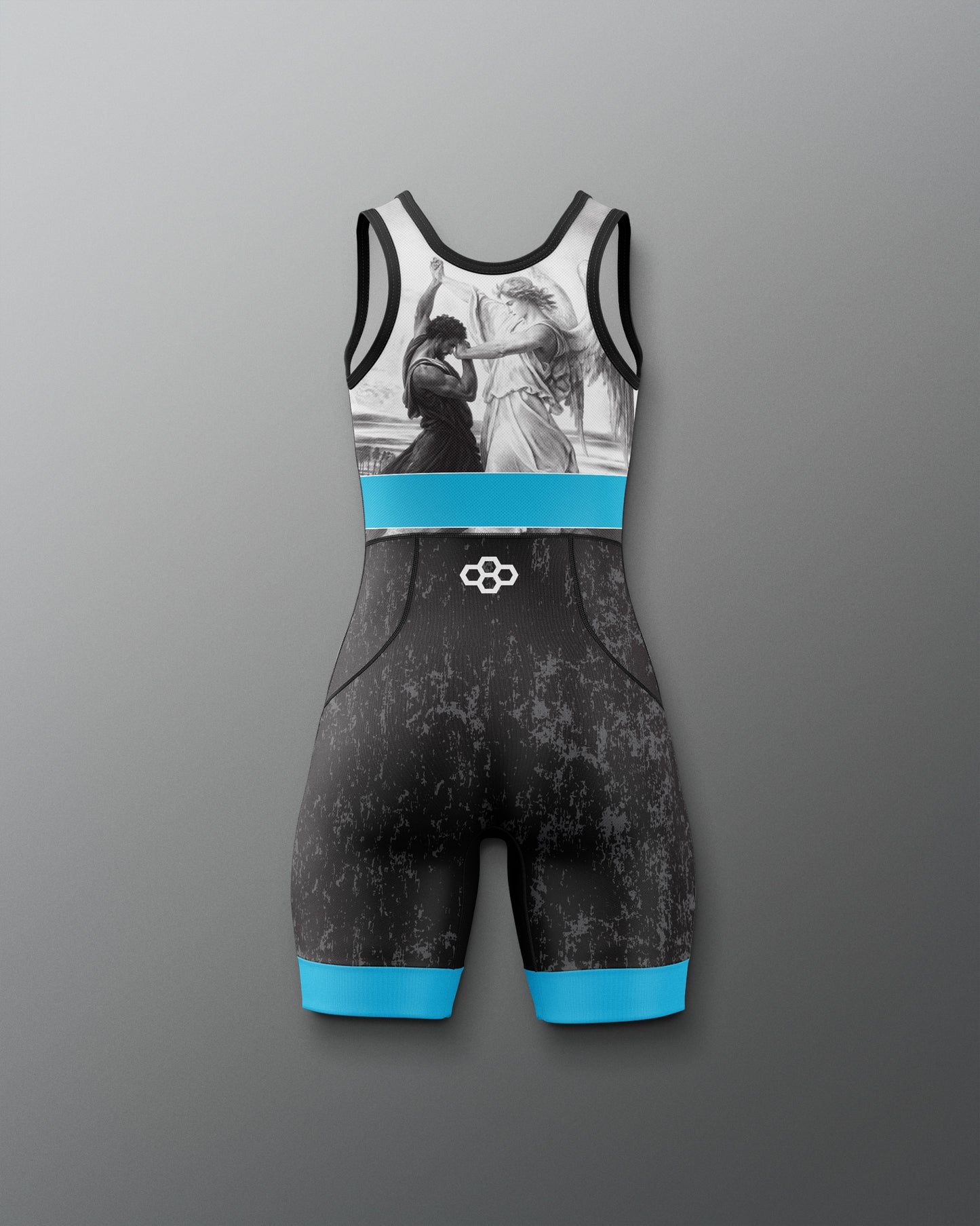 Black and blue wrestling singlet with graphic design on a gray background