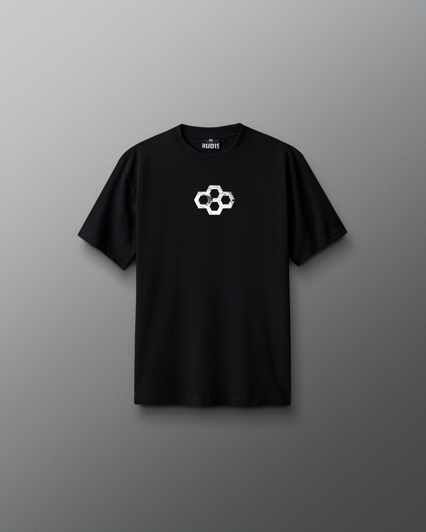 Front view of a black RUDIS T-shirt featuring a small white hexagon logo centered on the chest
