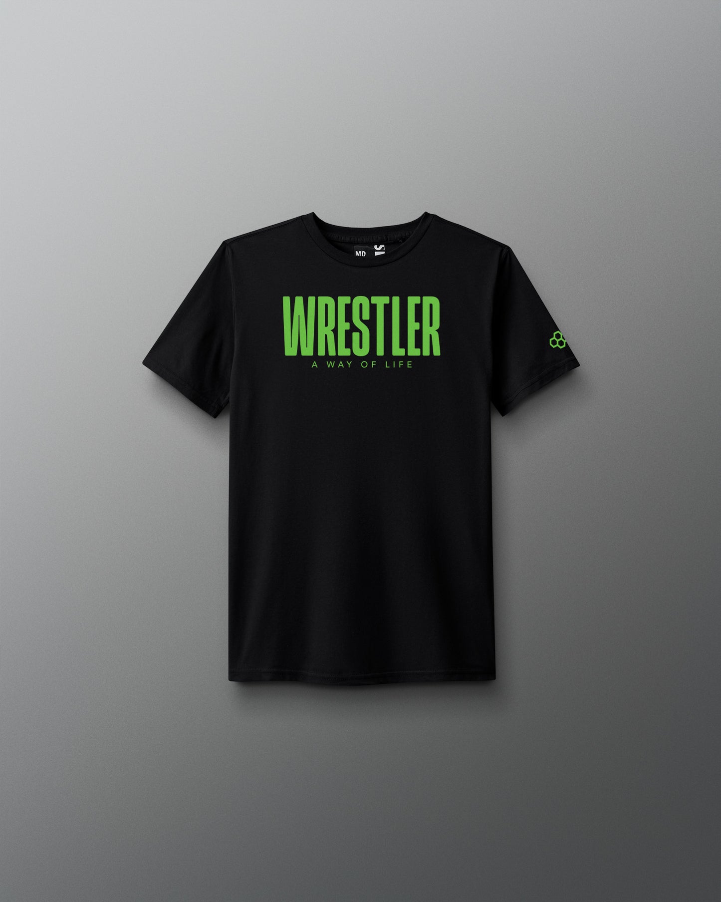 Black t-shirt with green 'Wrestler' text on a gray background