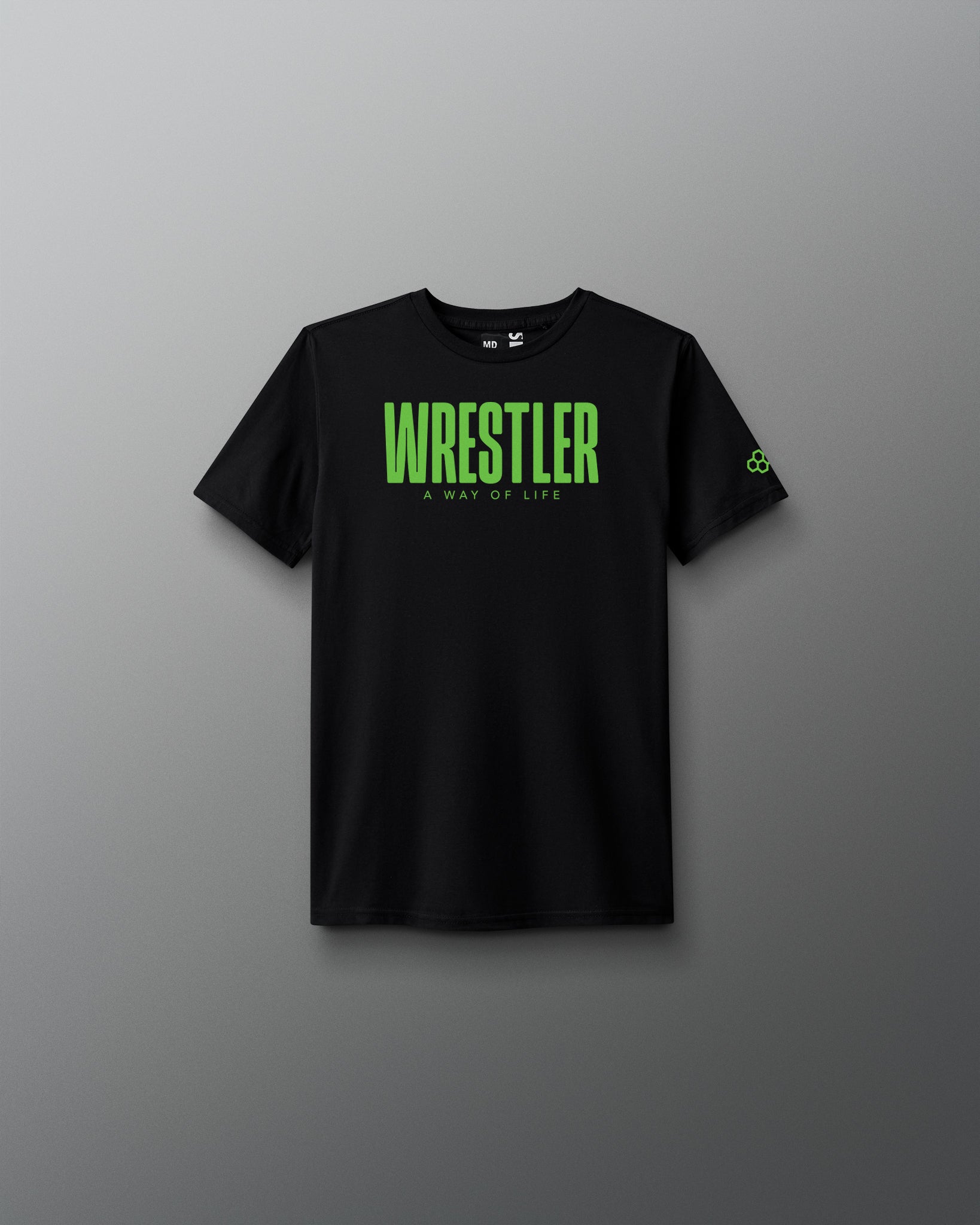 Black t-shirt with green 'Wrestler' text on a gray background