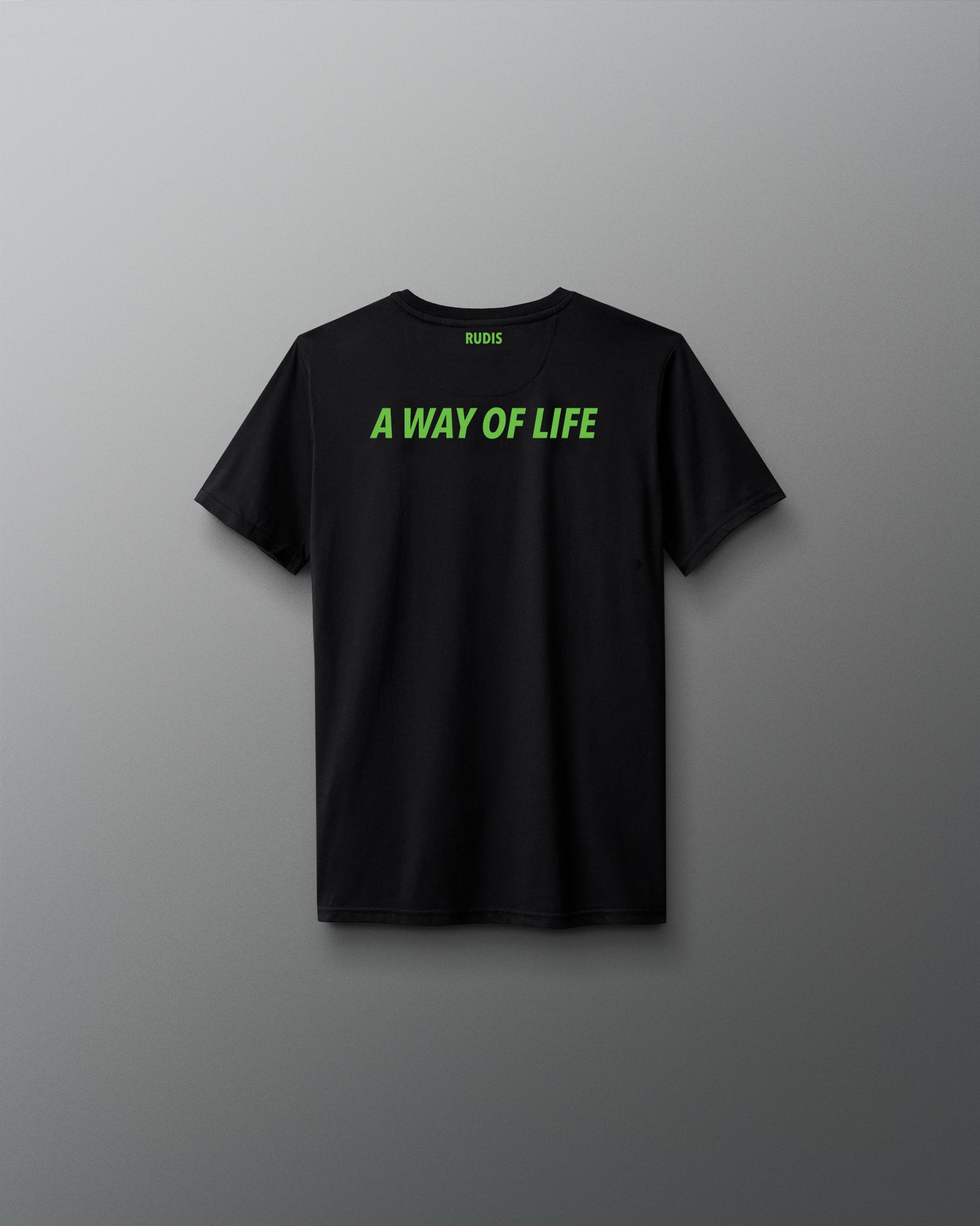 Black t-shirt with green text 'A WAY OF LIFE' on a gray background