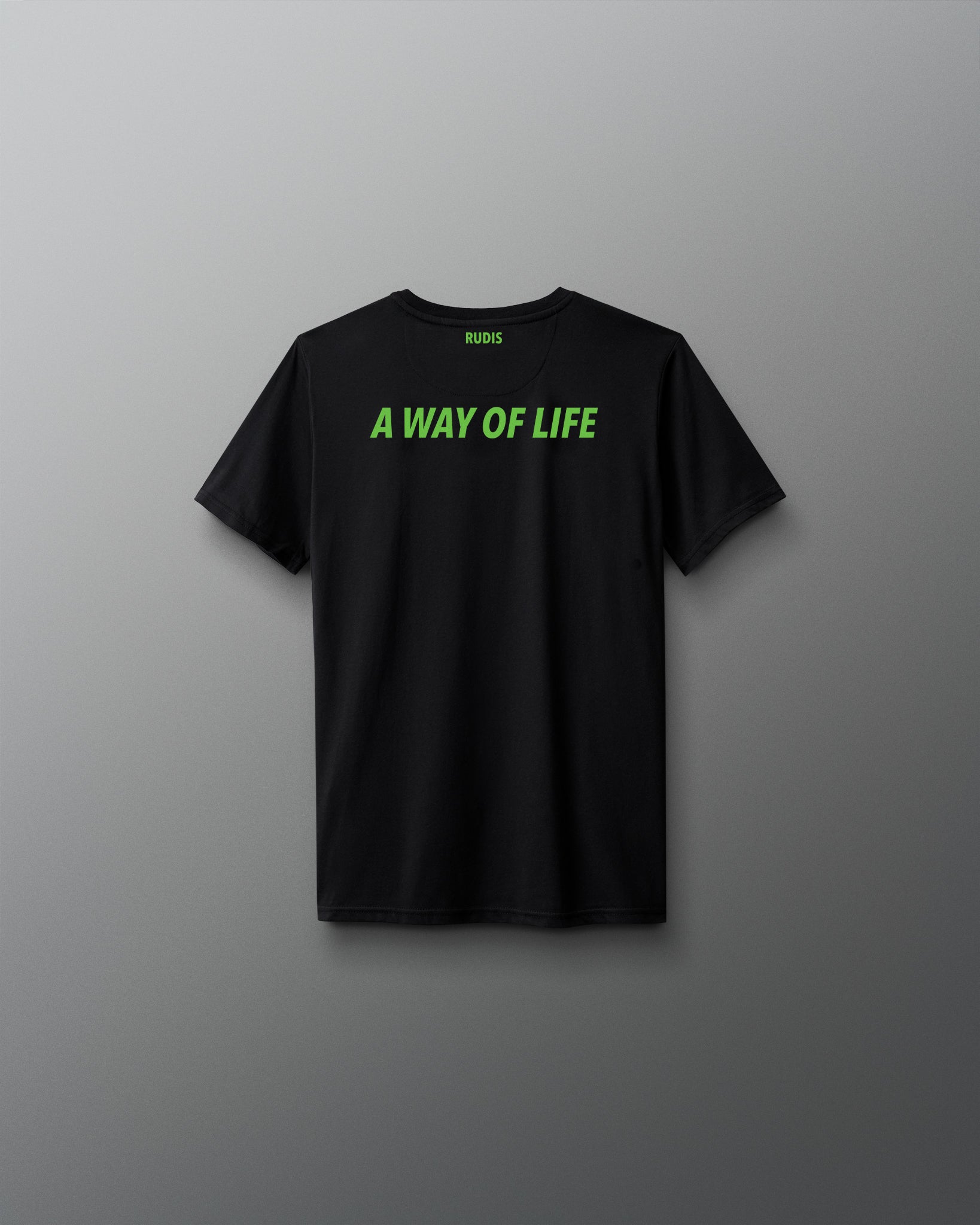 Black t-shirt with green text 'A WAY OF LIFE' on a gray background