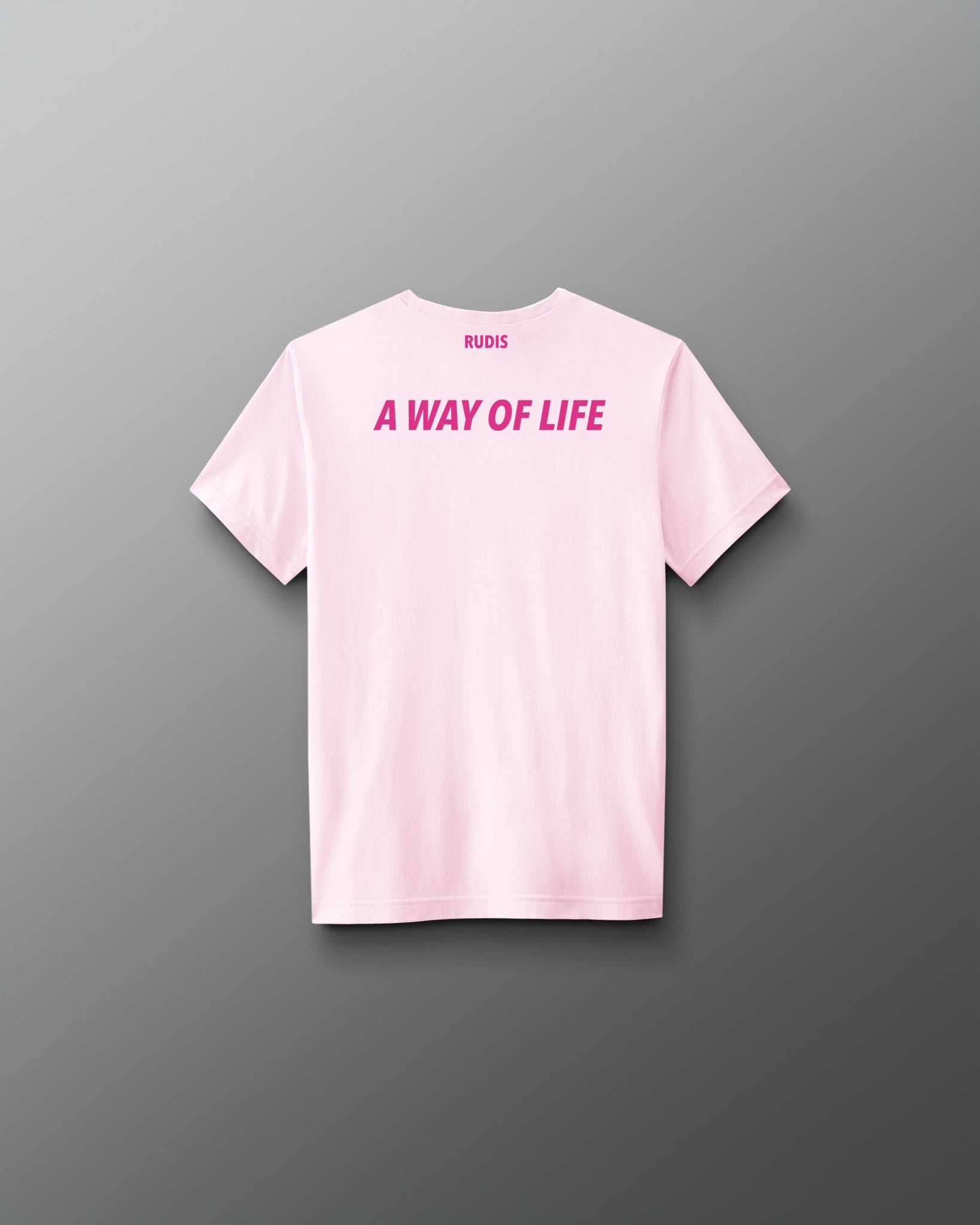 Pink t-shirt with text on the back against a gray background