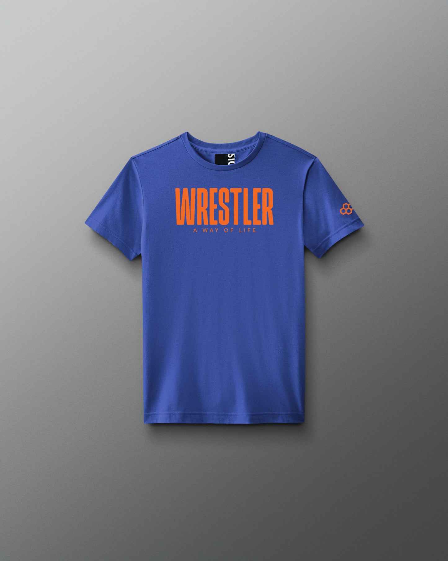 Blue t-shirt with 'Wrestler' text on a gray background