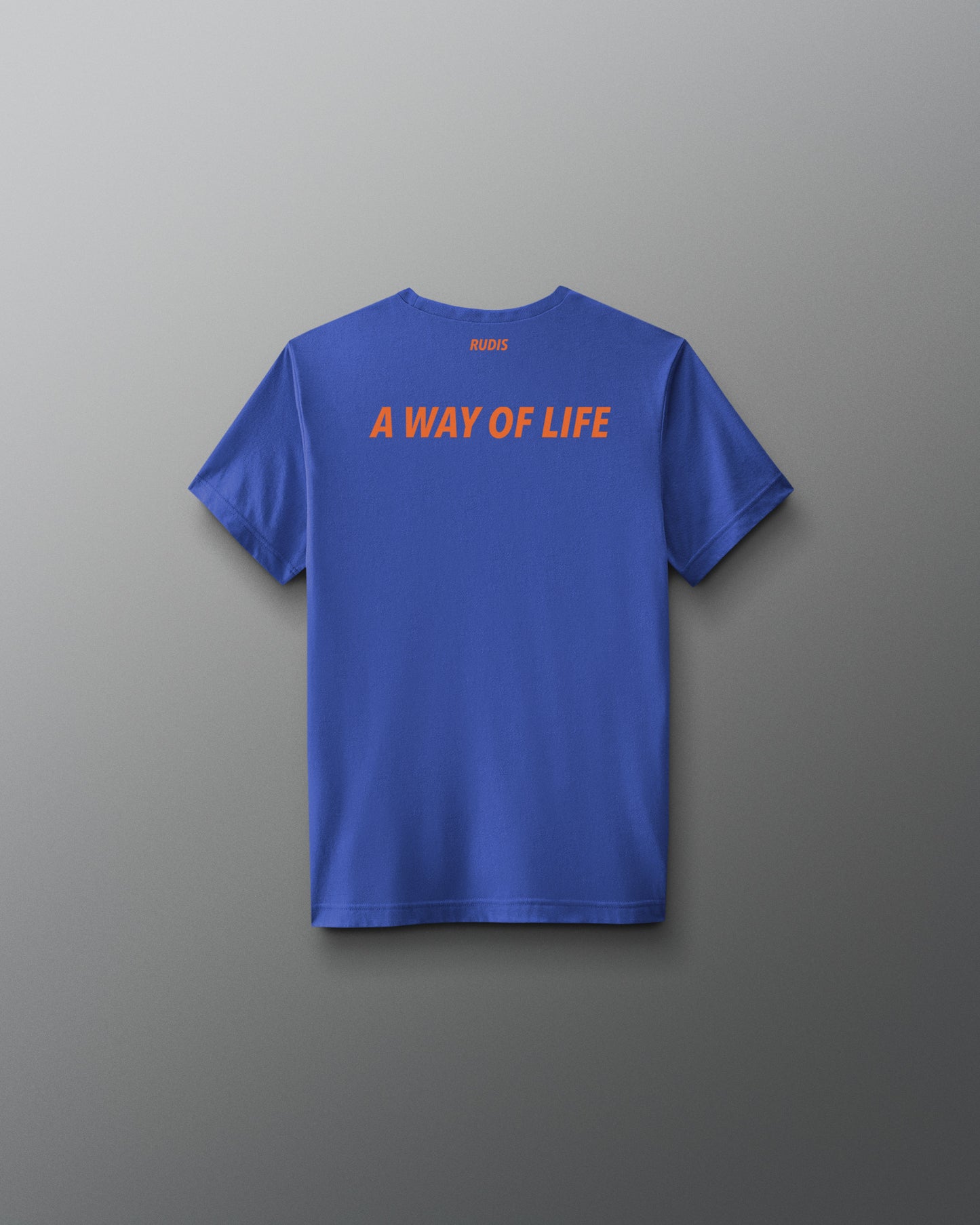 Blue t-shirt with 'A Way of Life' text on the back against a gray background
