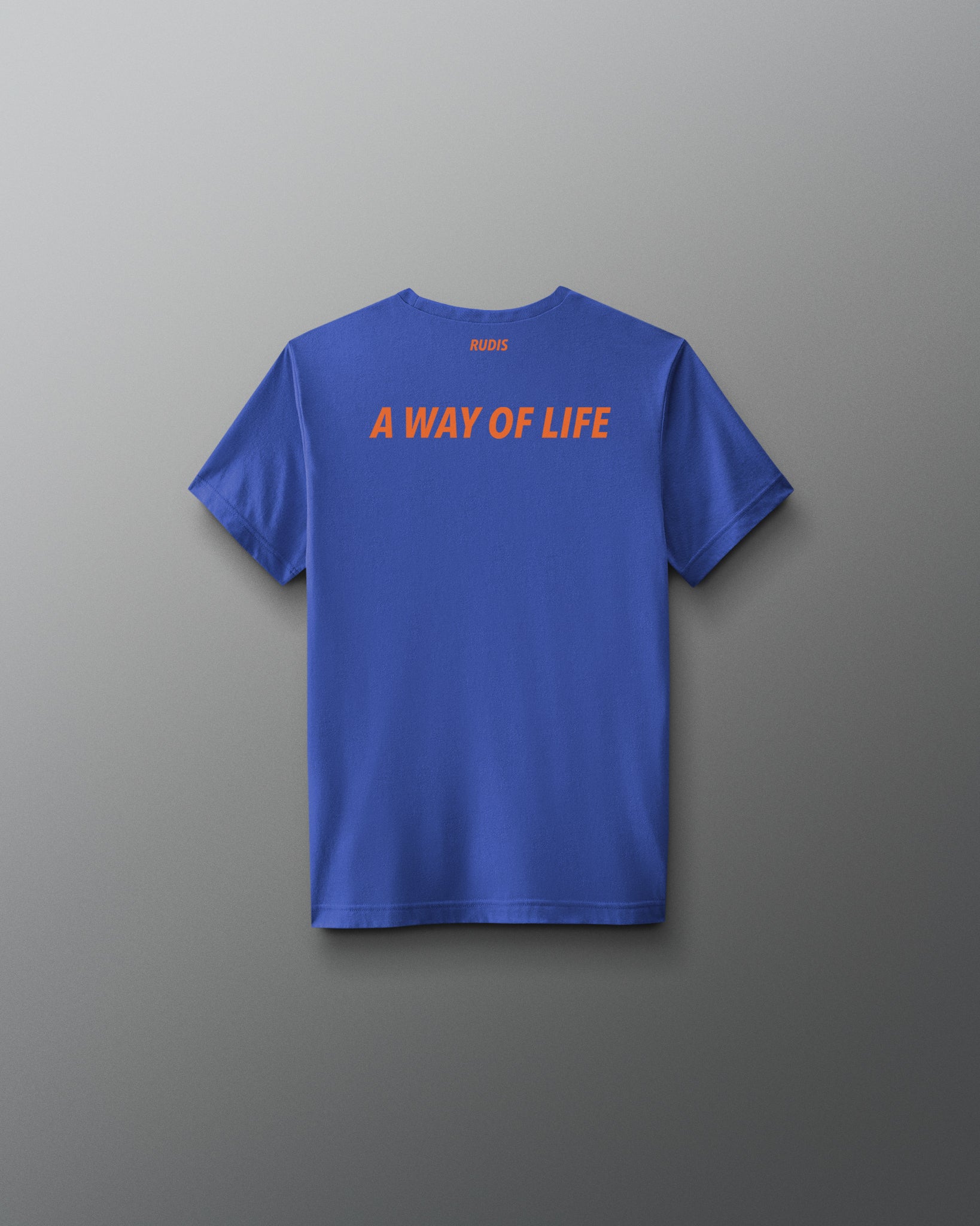 Blue t-shirt with 'A Way of Life' text on the back against a gray background