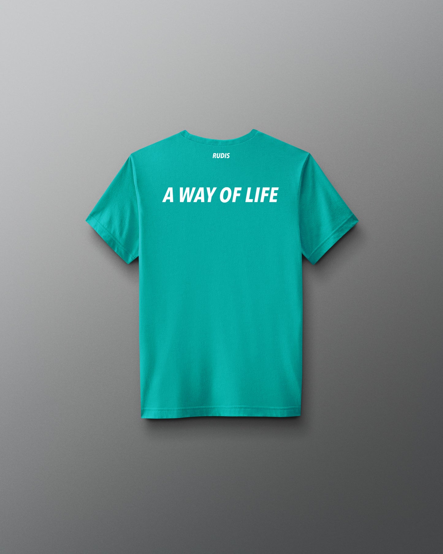 Teal t-shirt with 'A Way of Life' text on the back against a gray background