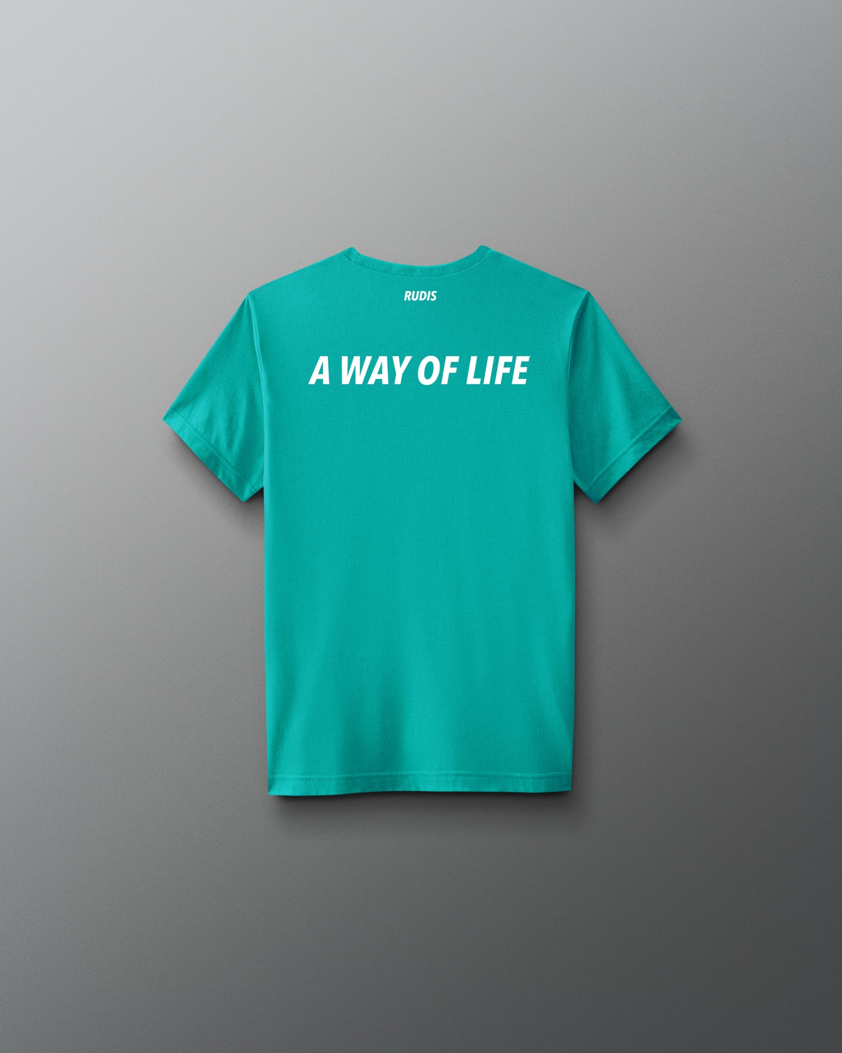 Teal t-shirt with 'A Way of Life' text on the back against a gray background
