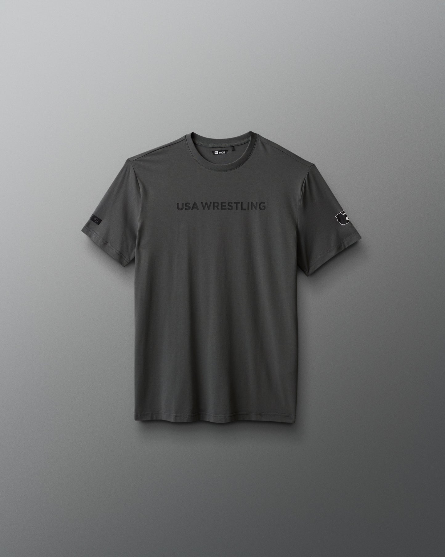 Gray t-shirt with 'USA Wrestling' text on a gray background