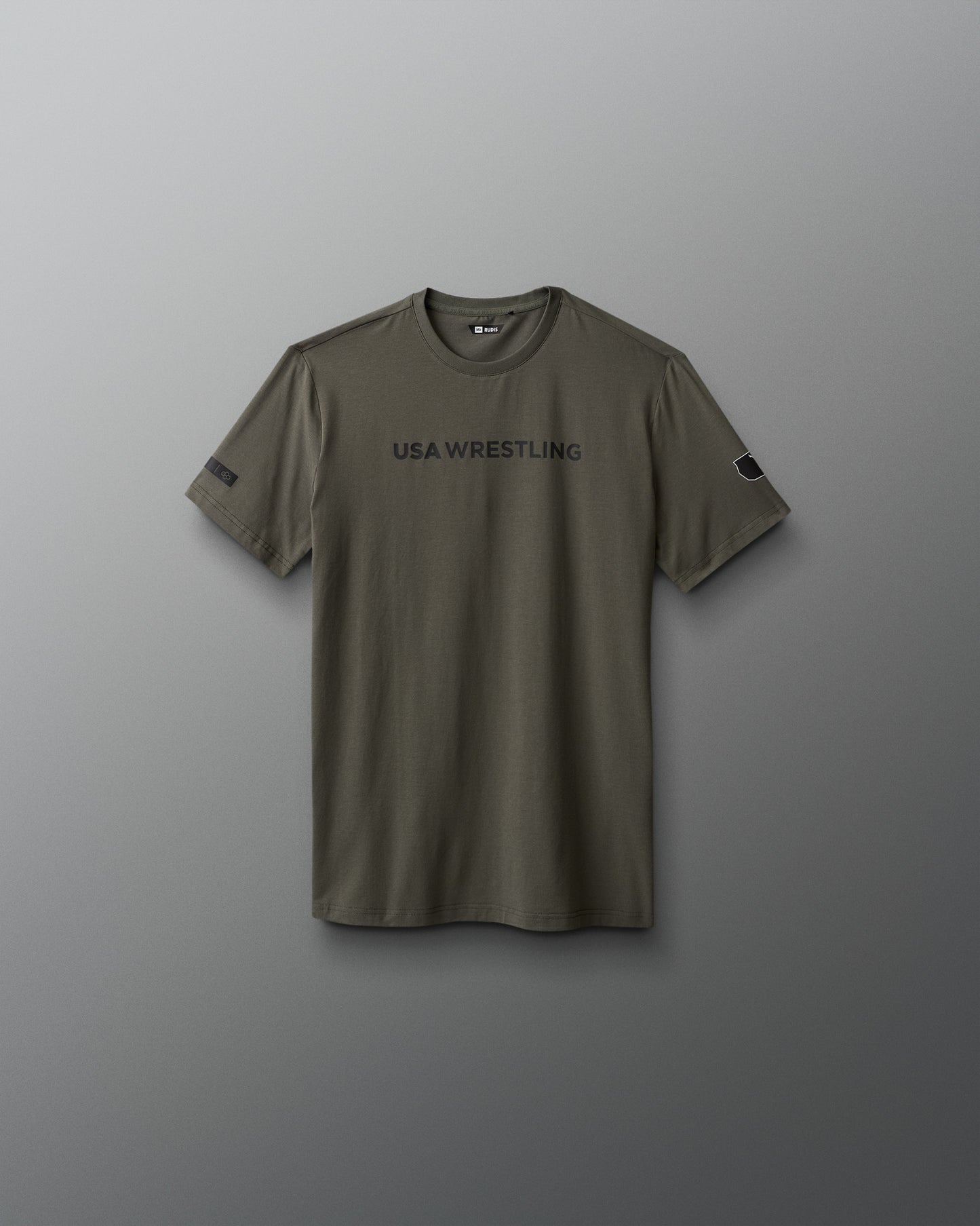Green t-shirt with 'USA Wrestling' text on a gray background